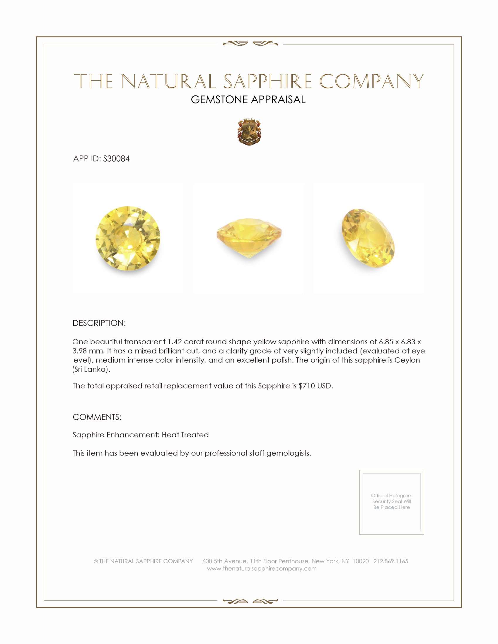 1.42 Ct. Yellow Sapphire from Ceylon (Sri Lanka)