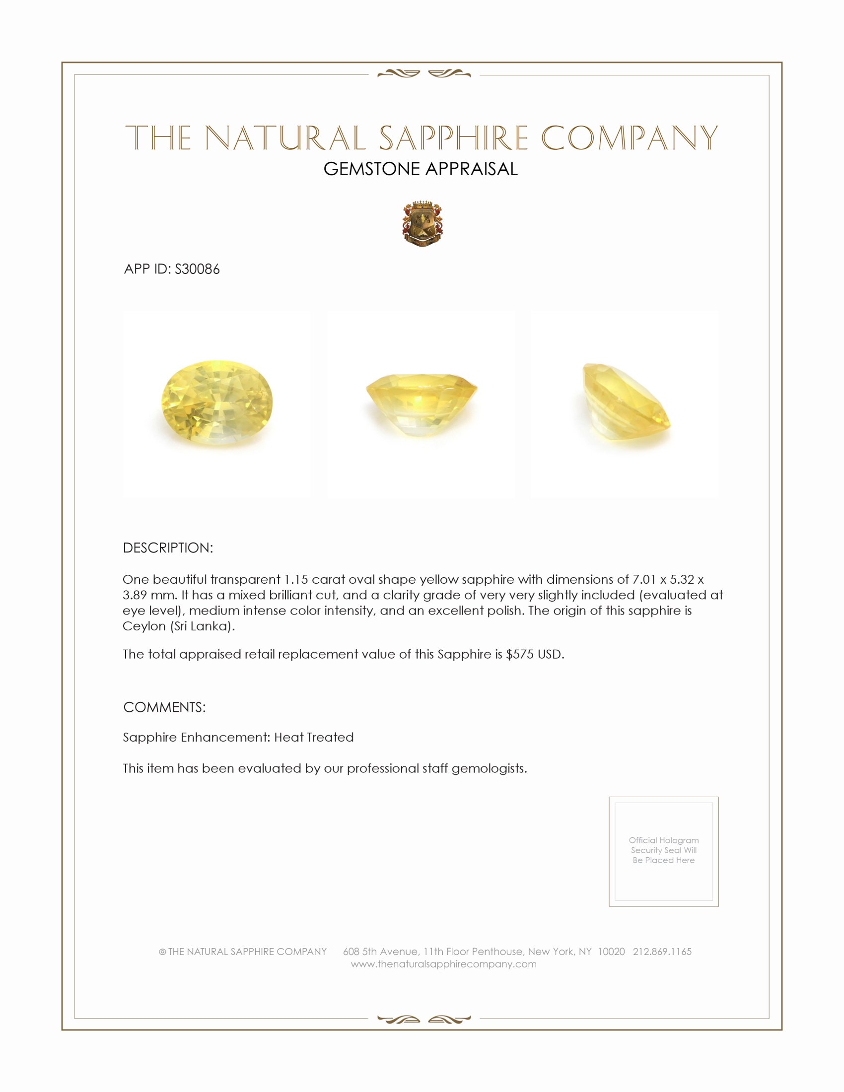 1.15 Ct. Yellow Sapphire from Ceylon (Sri Lanka)