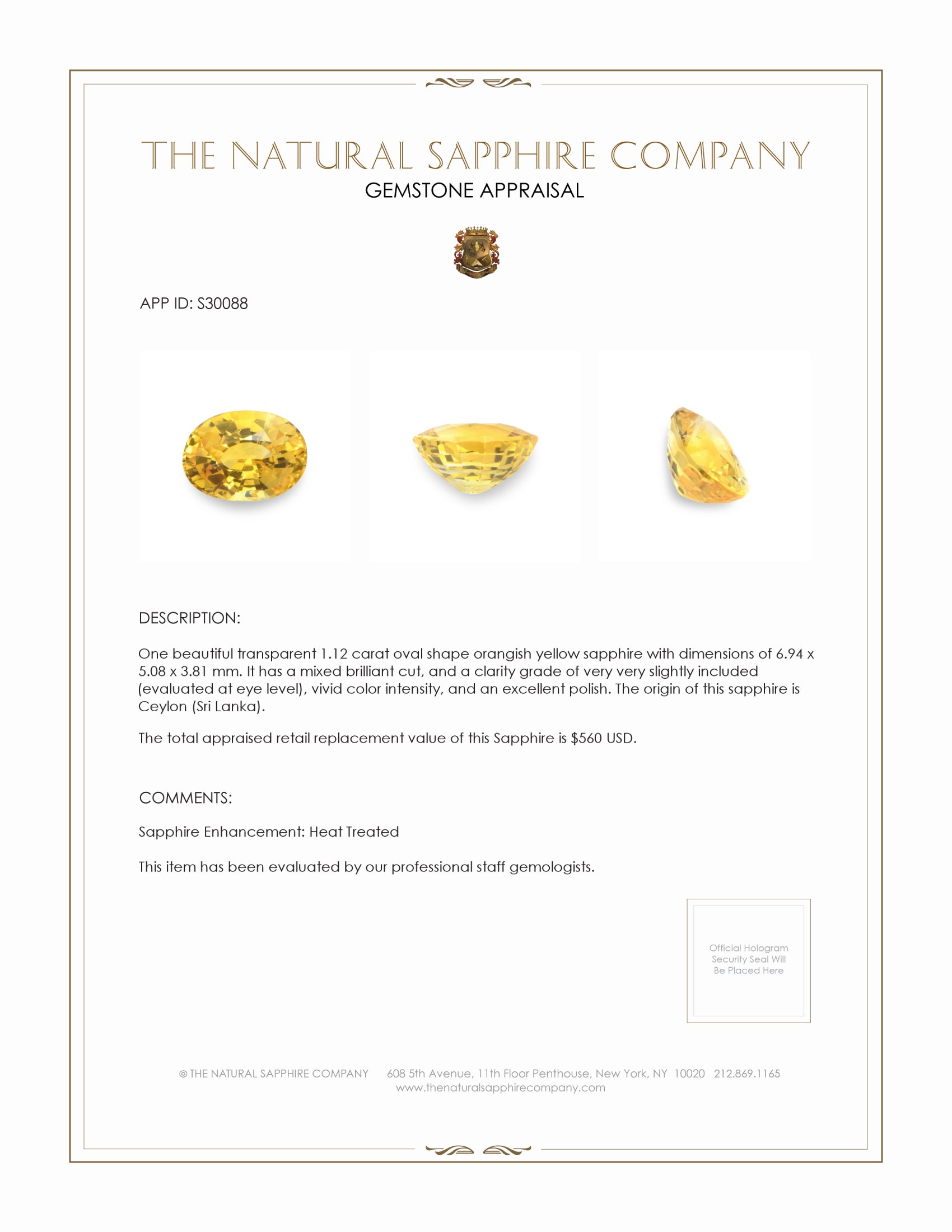 1.12 Ct. Orangish Yellow Sapphire from Ceylon (Sri Lanka)