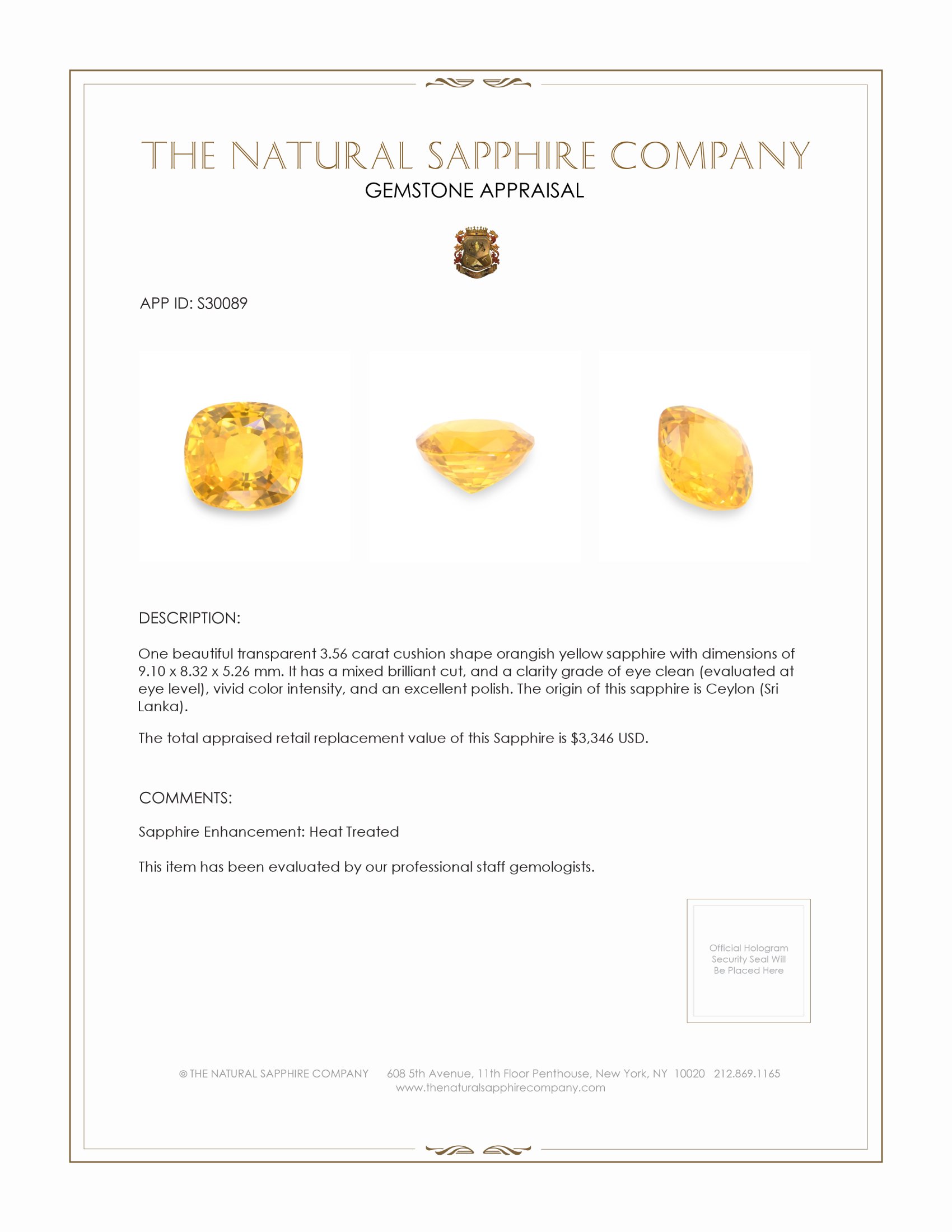 3.56 Ct. Orangish Yellow Sapphire from Ceylon (Sri Lanka)