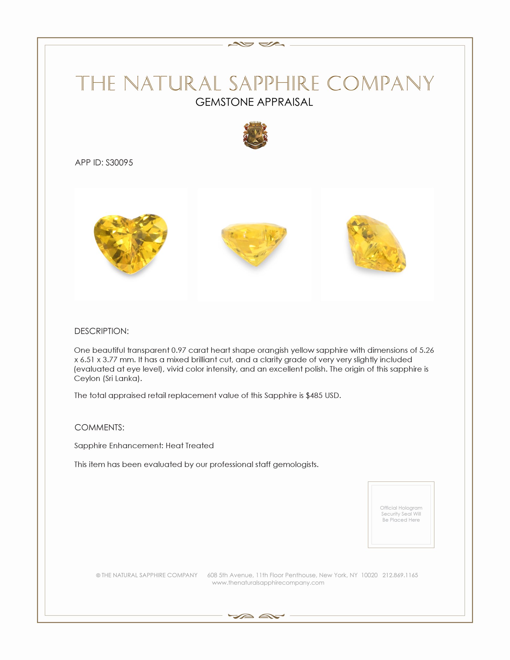 0.97 Ct. Orangish Yellow Sapphire from Ceylon (Sri Lanka)