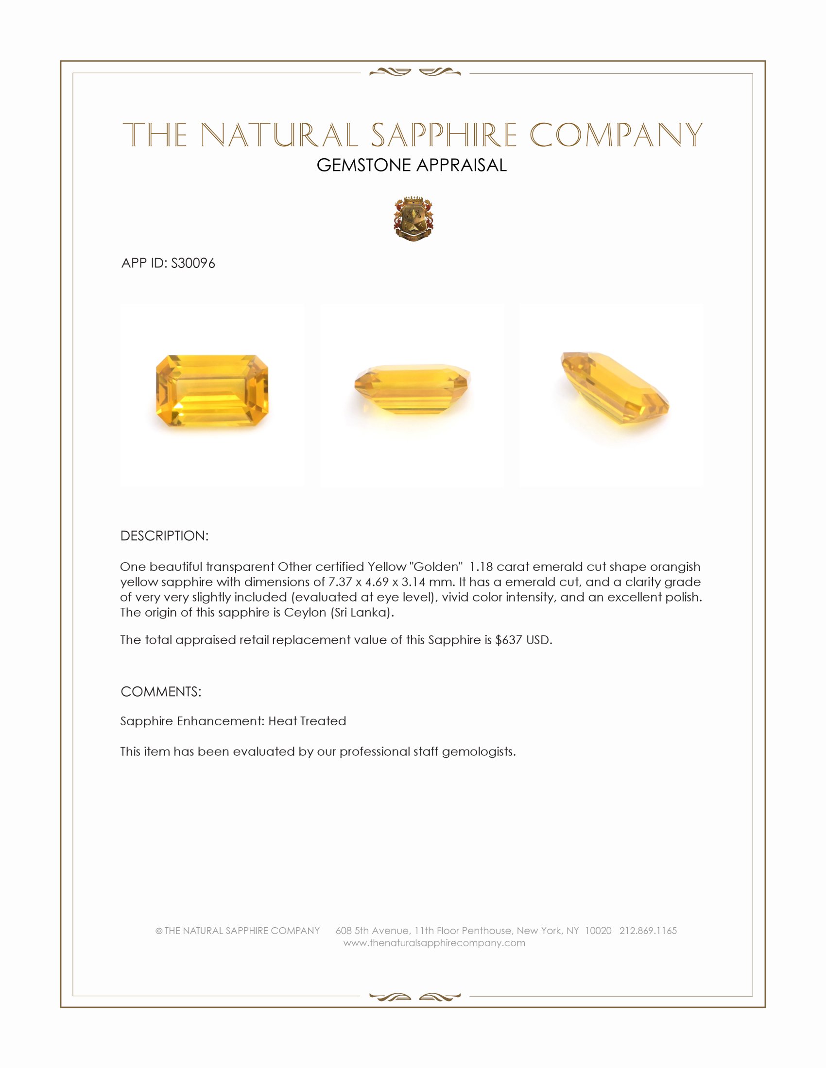 1.18 Ct. Orangish Yellow Sapphire from Ceylon (Sri Lanka)