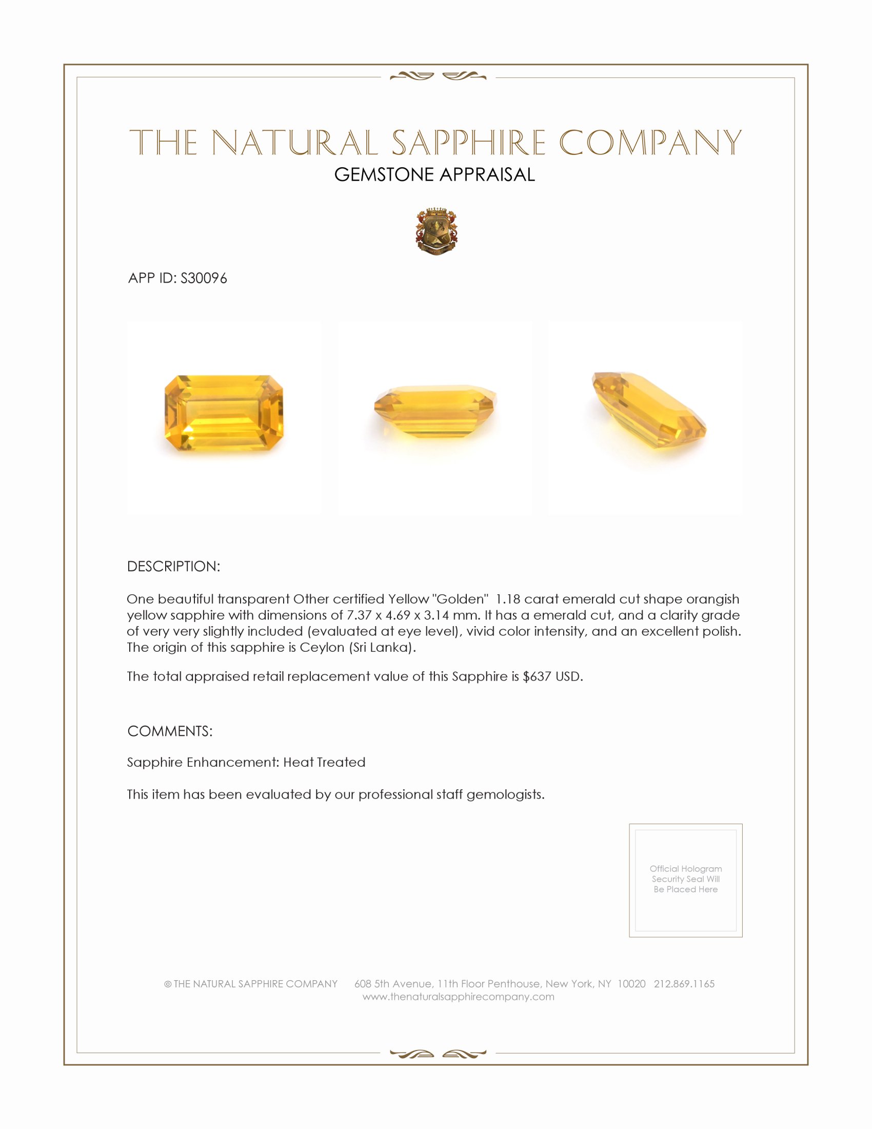 1.18 Ct. Orangish Yellow Sapphire from Ceylon (Sri Lanka)