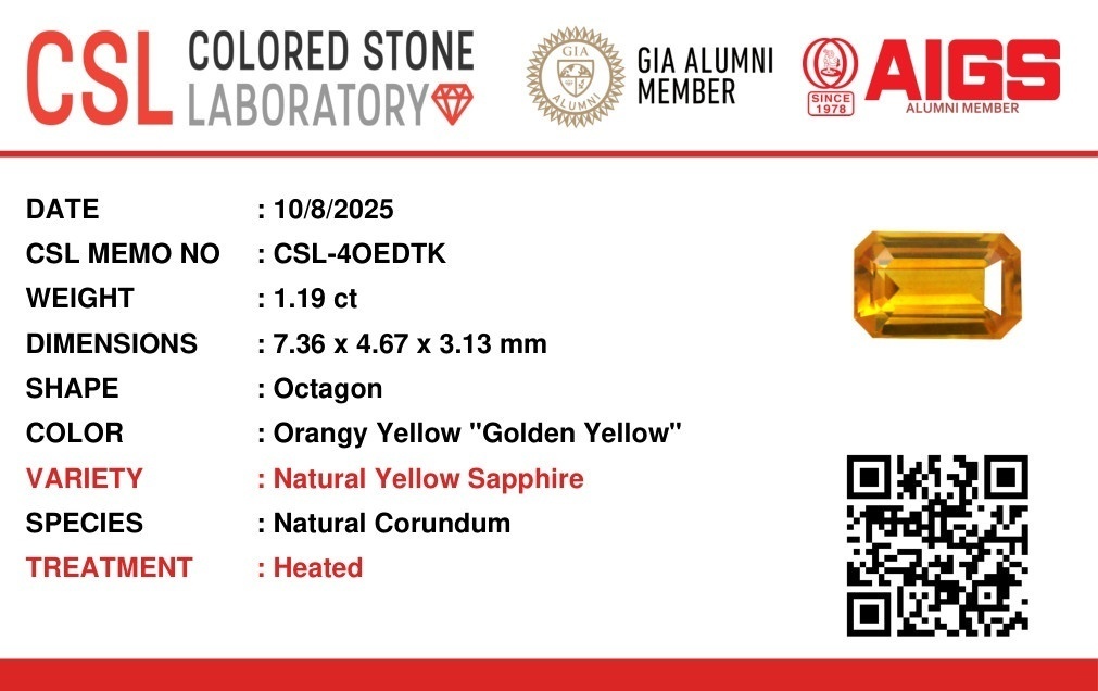 1.18 Ct. Orangish Yellow Sapphire from Ceylon (Sri Lanka)