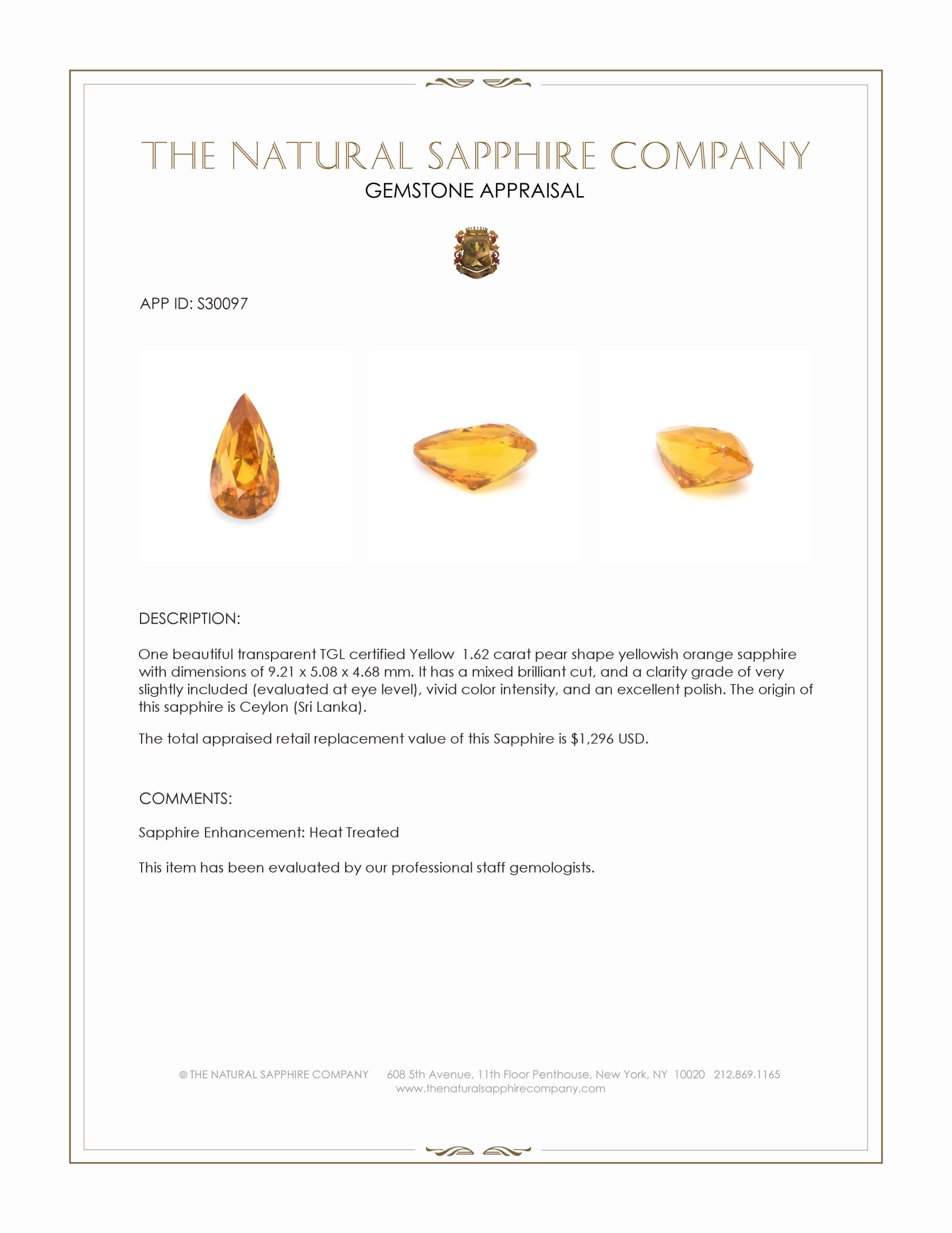 1.62 Ct. Yellowish Orange Sapphire from Ceylon (Sri Lanka)