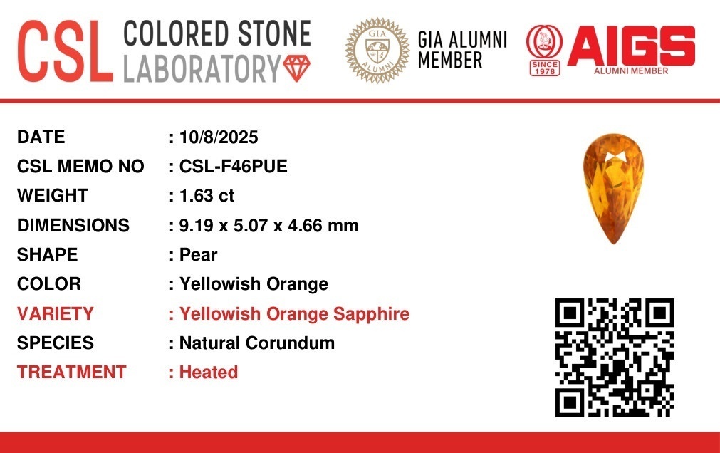 1.62 Ct. Yellowish Orange Sapphire from Ceylon (Sri Lanka)