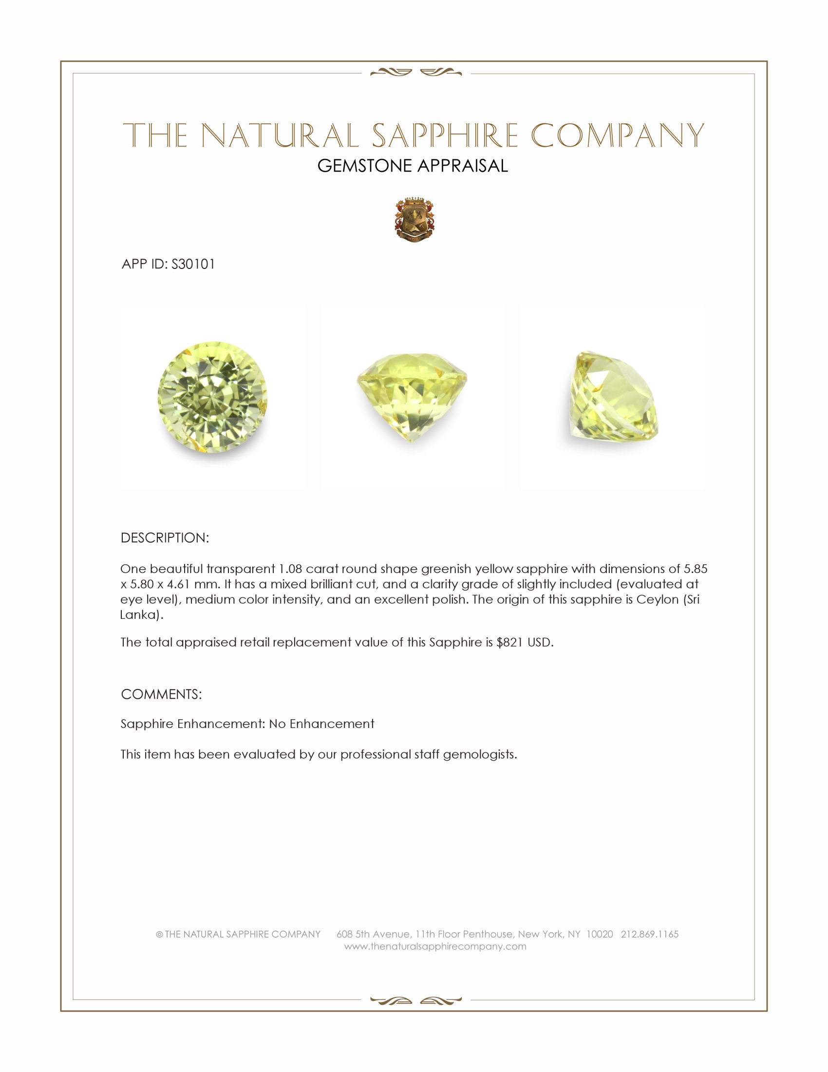 1.08 Ct. Greenish Yellow Sapphire from Ceylon (Sri Lanka)