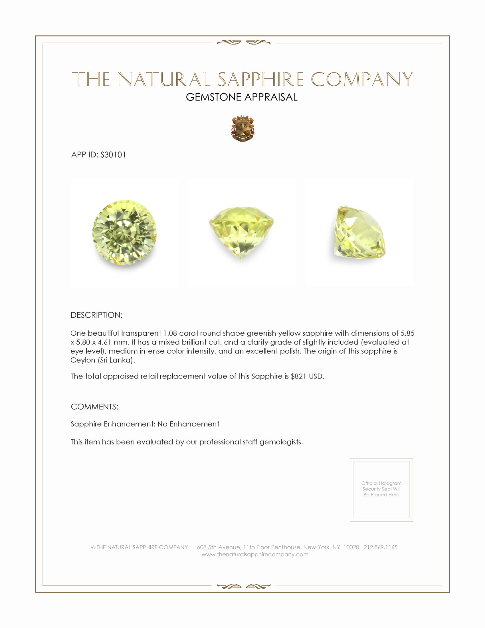 1.08 Ct. Greenish Yellow Sapphire from Ceylon (Sri Lanka)
