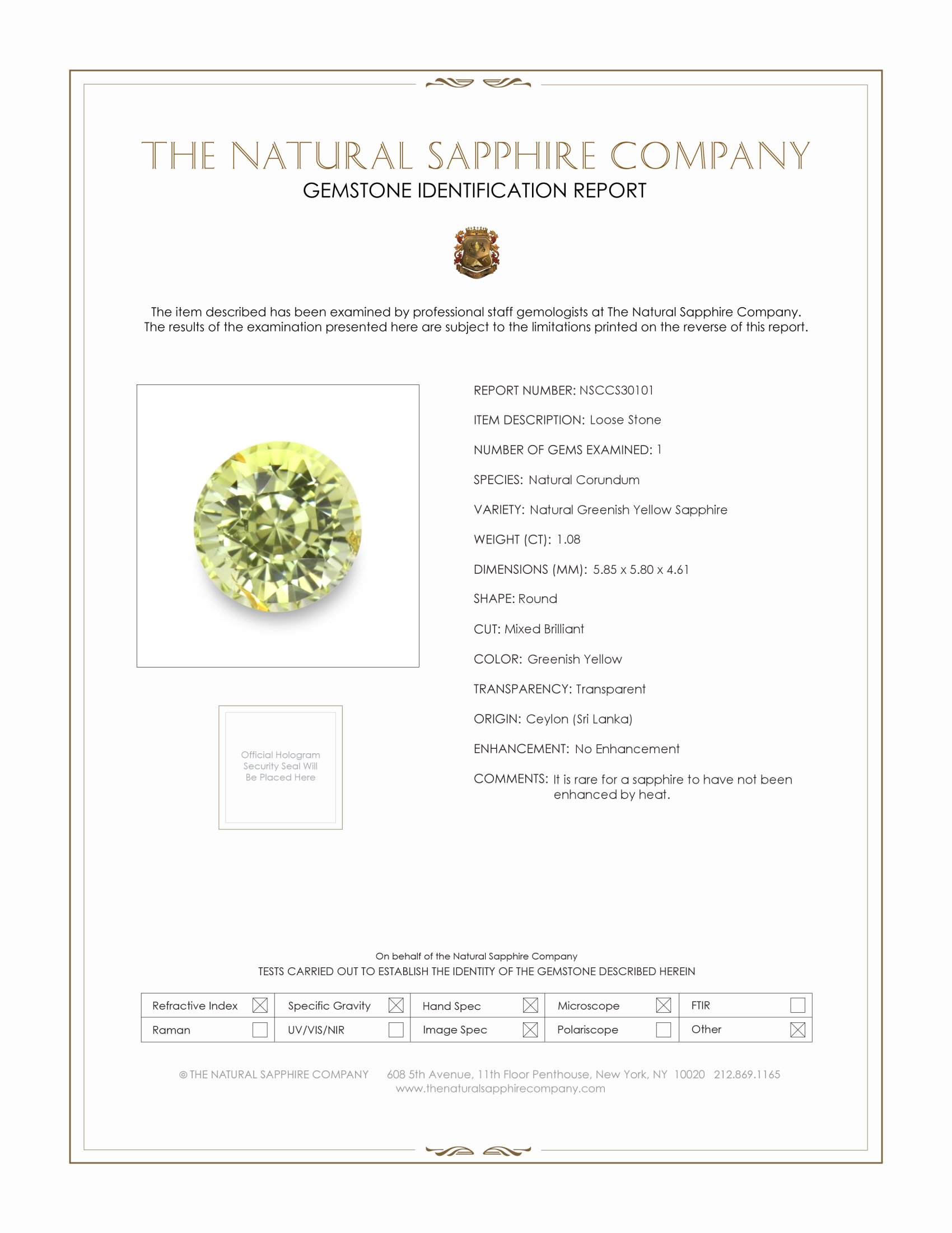 1.08 Ct. Greenish Yellow Sapphire from Ceylon (Sri Lanka)