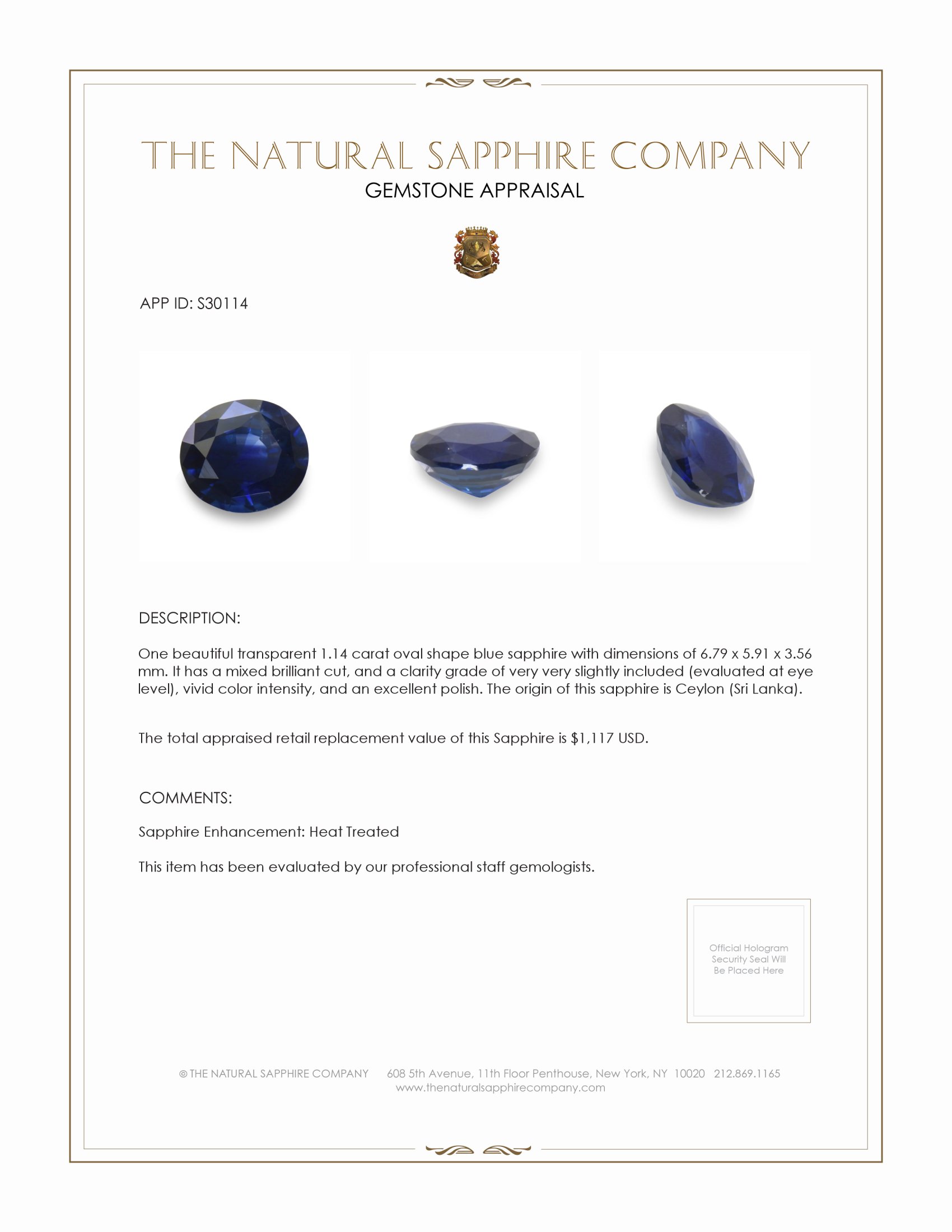1.14 Ct. Blue Sapphire from Ceylon (Sri Lanka)