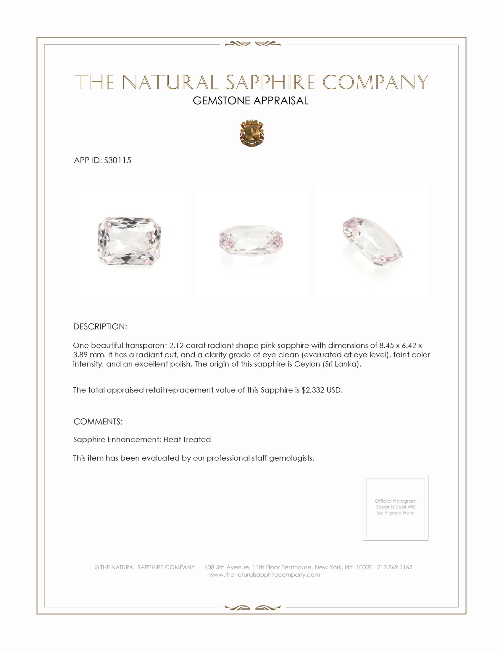 2.12 Ct. Pink Sapphire from Ceylon (Sri Lanka)