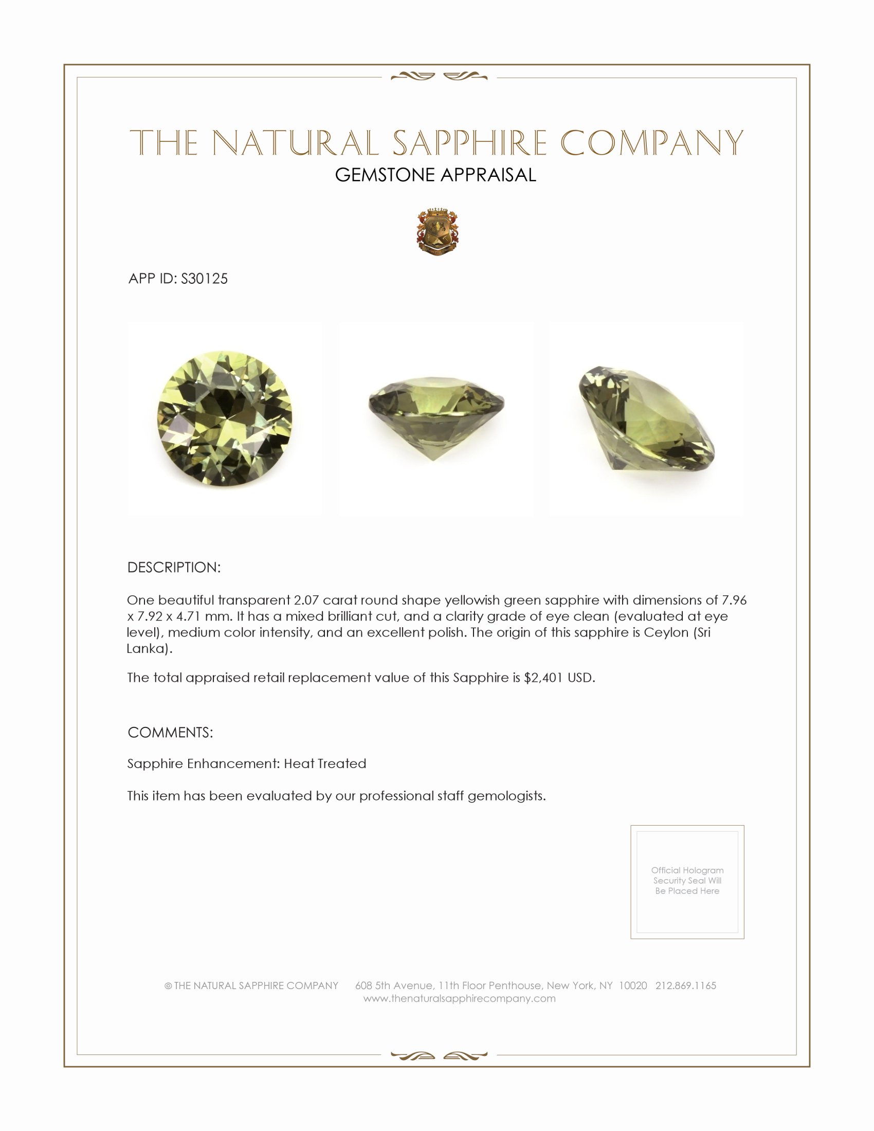 2.07 Ct. Yellowish Green Sapphire from Ceylon (Sri Lanka)