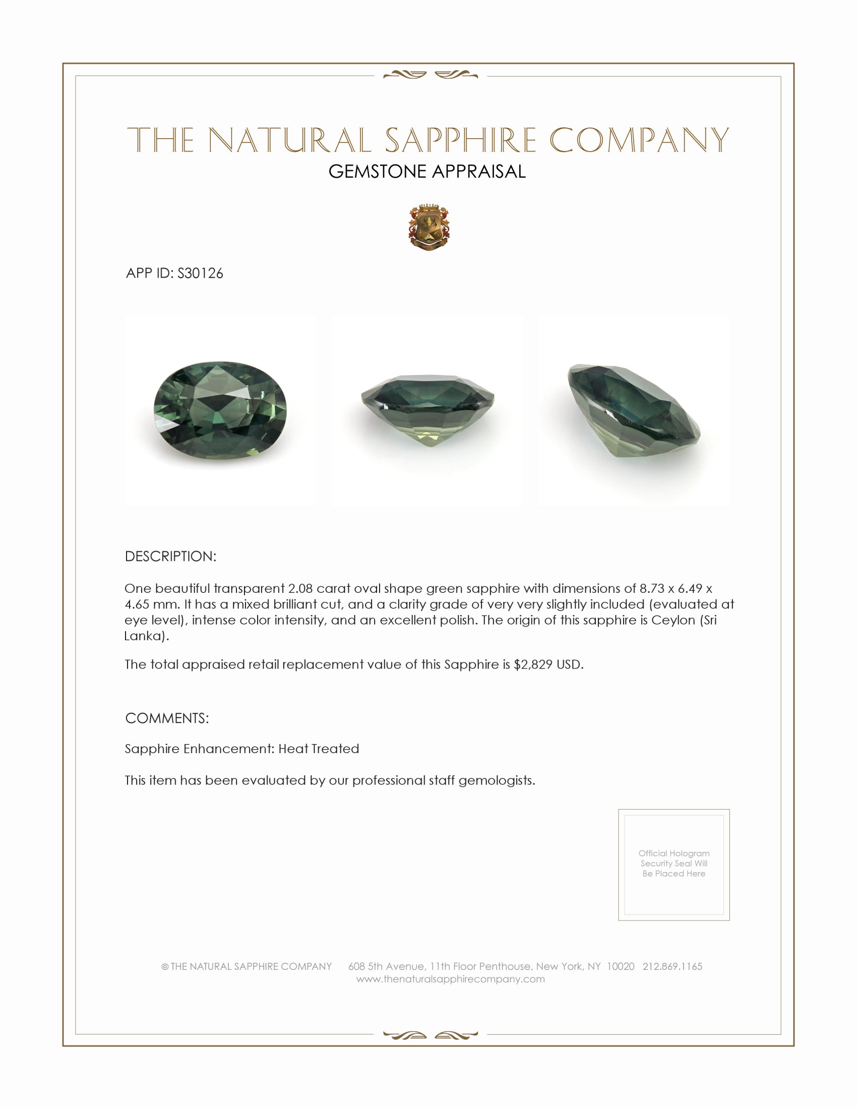 2.08 Ct. Green Sapphire from Ceylon (Sri Lanka)