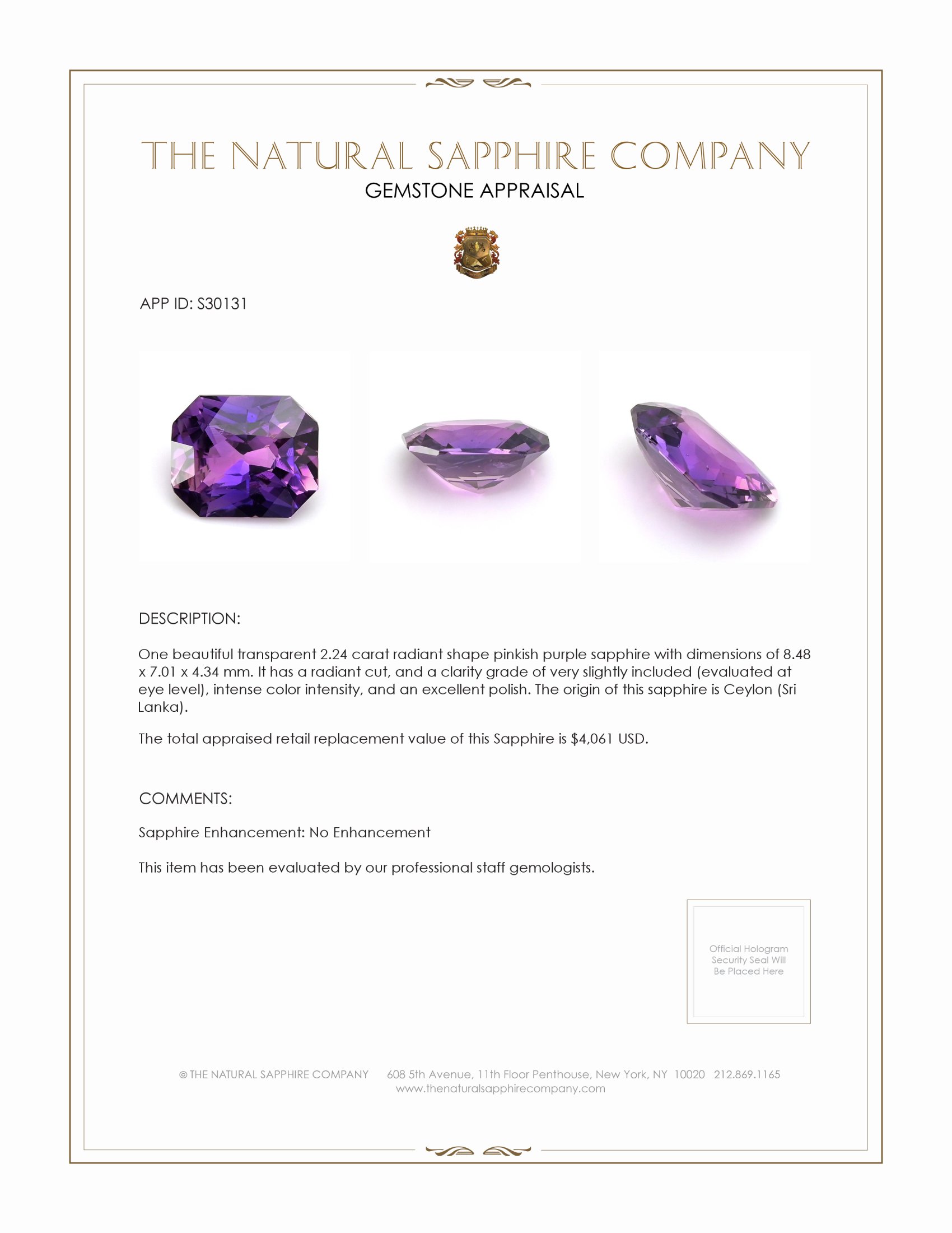 2.24 Ct. Pinkish Purple Sapphire from Ceylon (Sri Lanka)