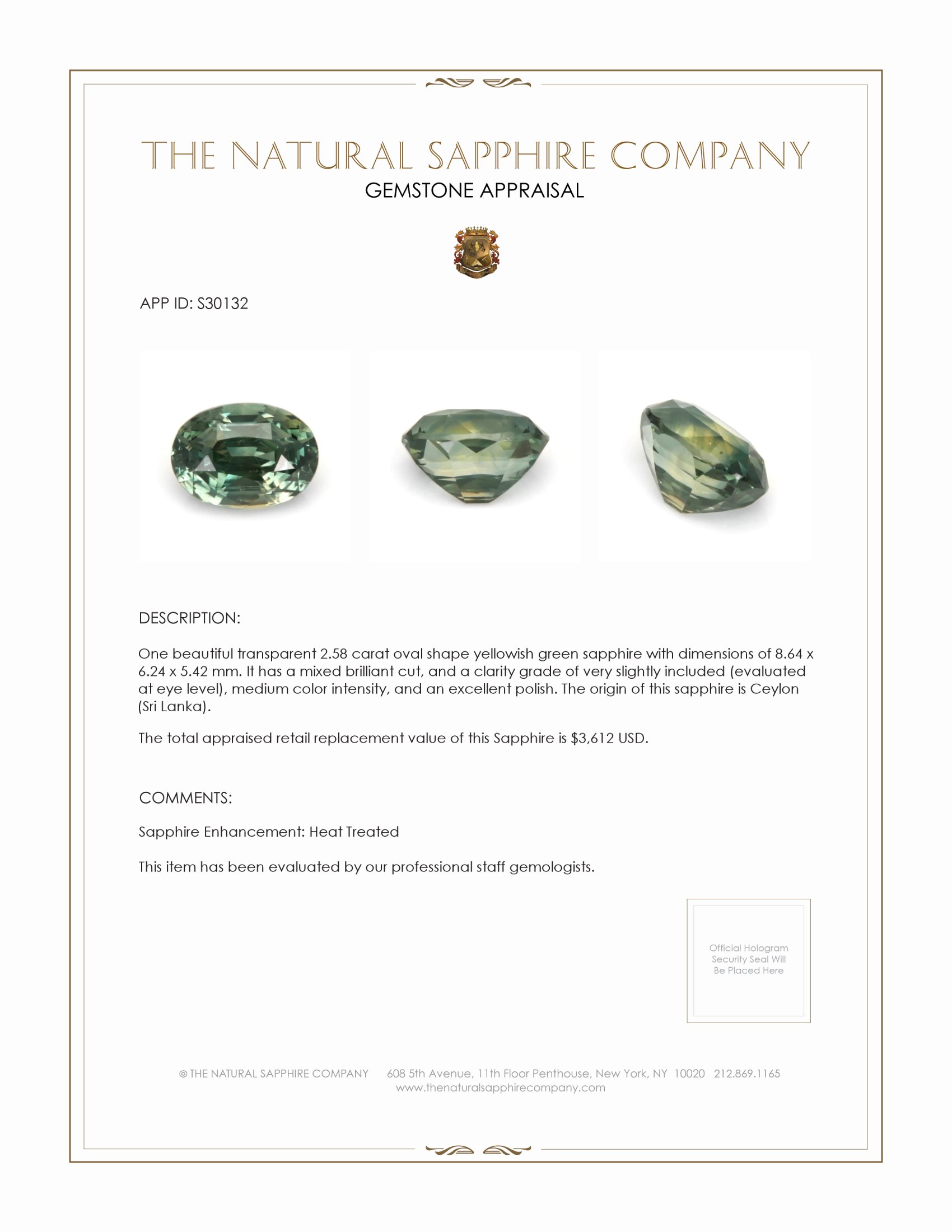 2.58 Ct. Yellowish Green Sapphire from Ceylon (Sri Lanka)