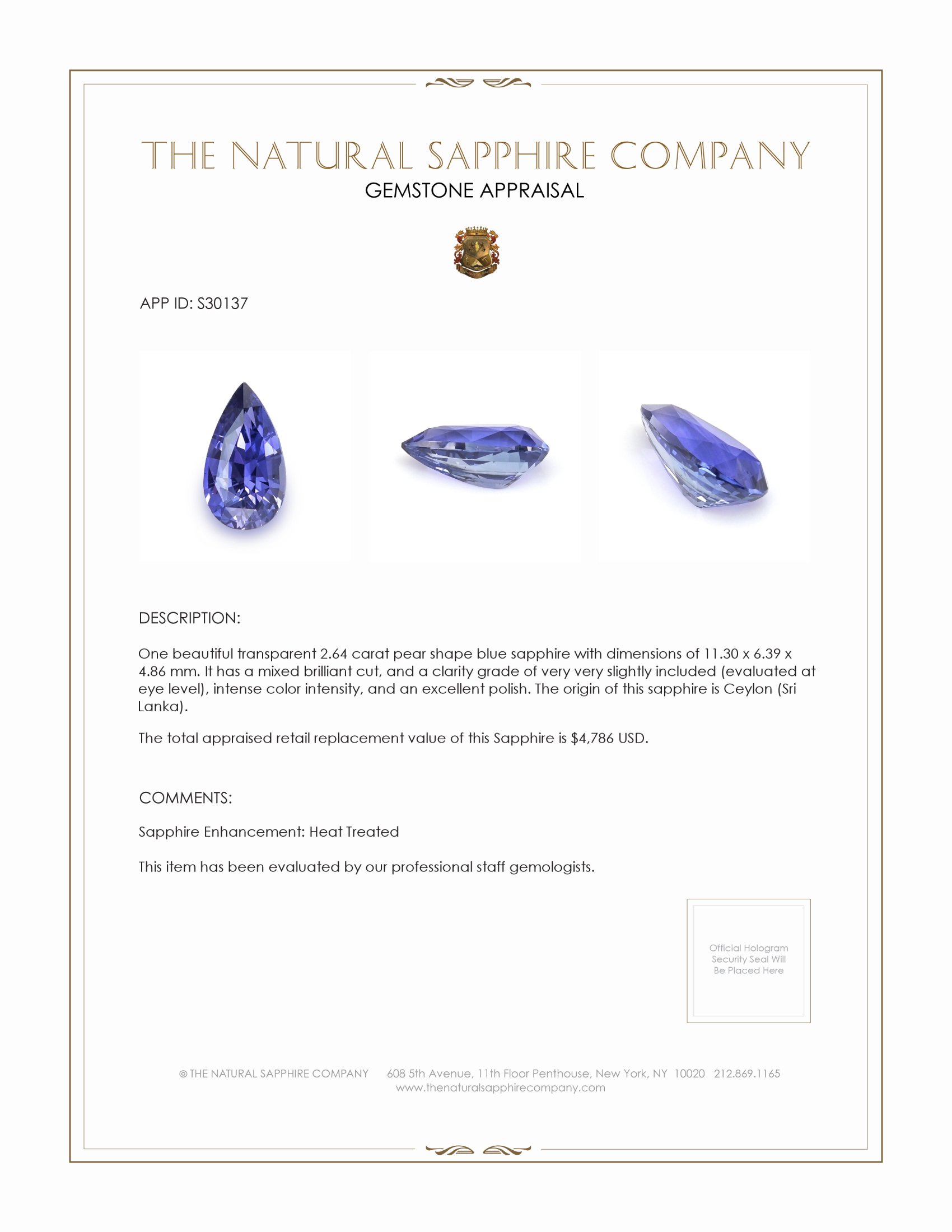 2.64 Ct. Blue Sapphire from Ceylon (Sri Lanka)