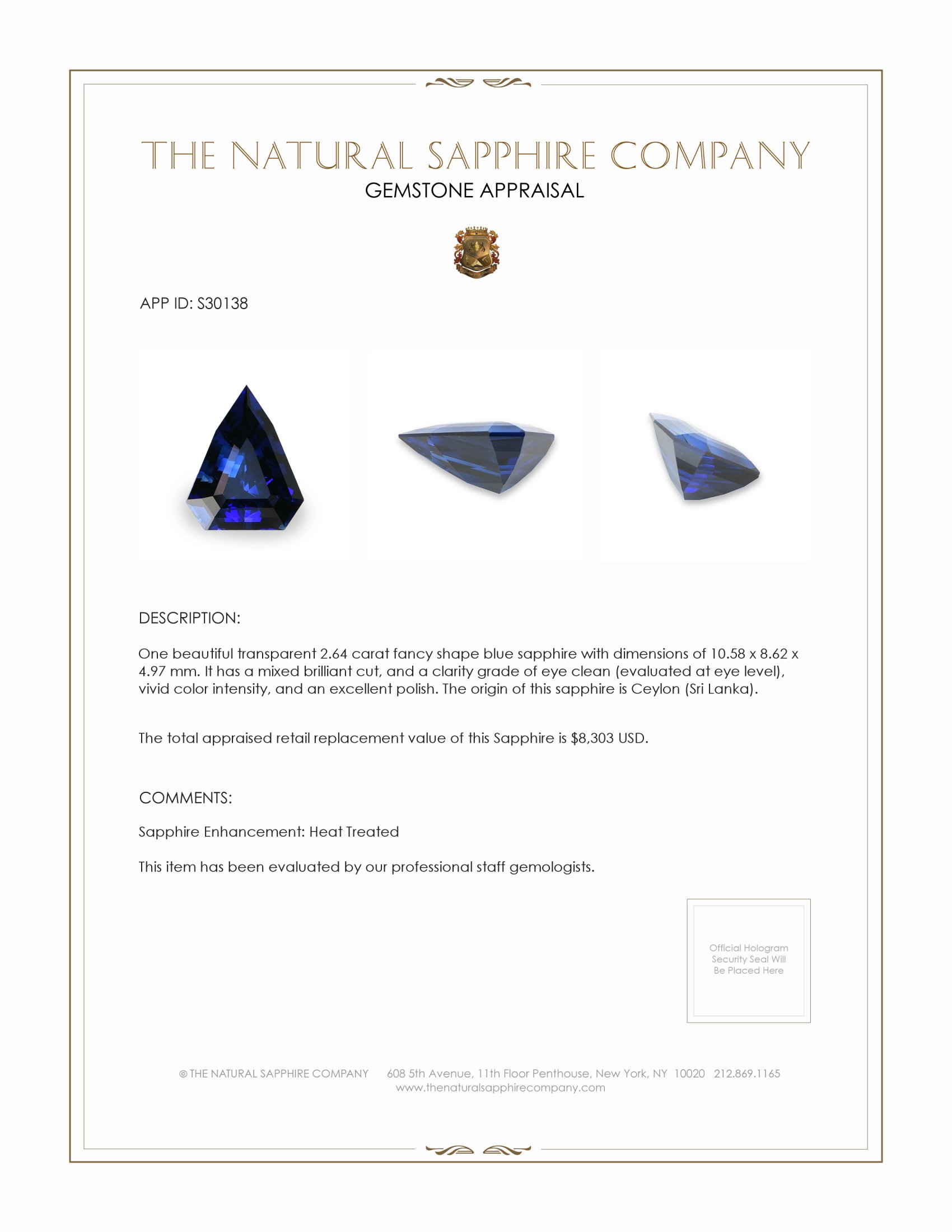 2.64 Ct. Blue Sapphire from Ceylon (Sri Lanka)