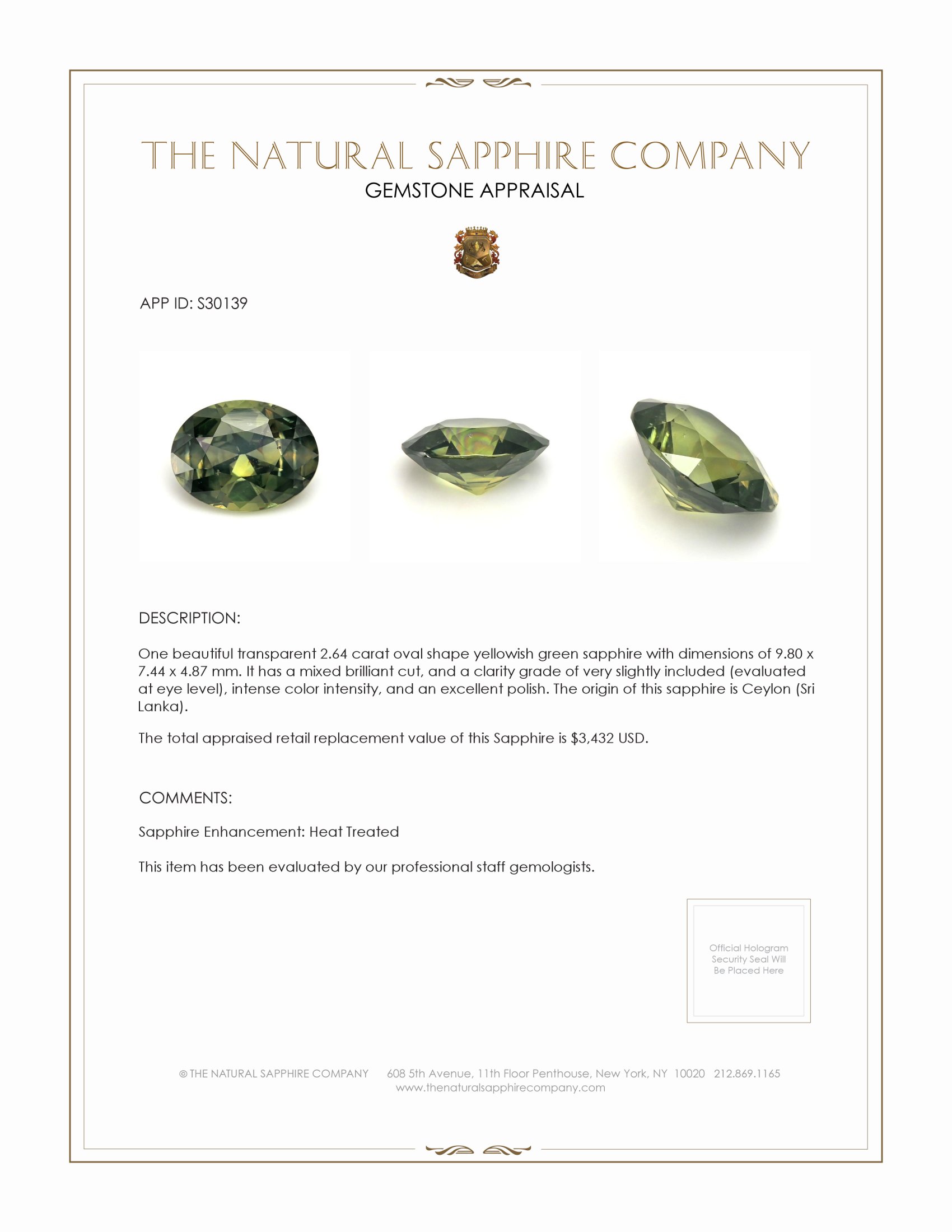 2.64 Ct. Yellowish Green Sapphire from Ceylon (Sri Lanka)
