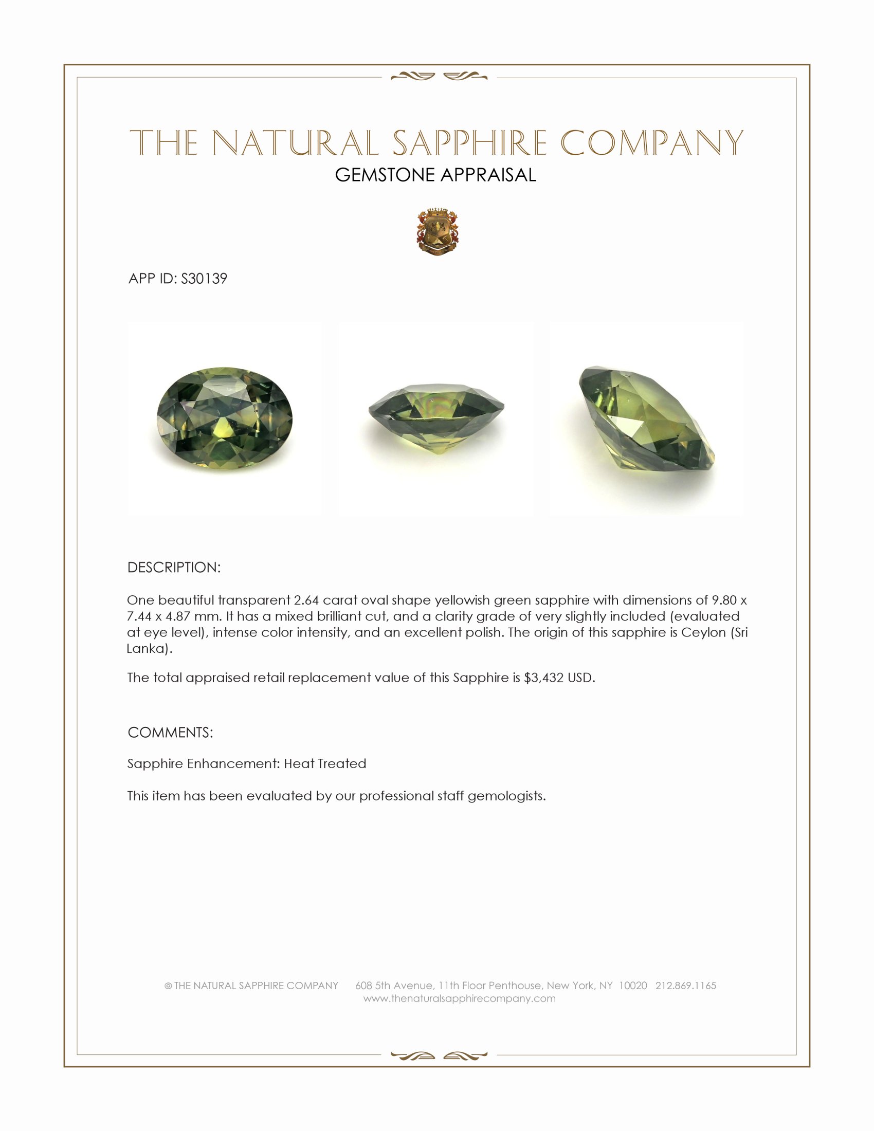 2.64 Ct. Yellowish Green Sapphire from Ceylon (Sri Lanka)