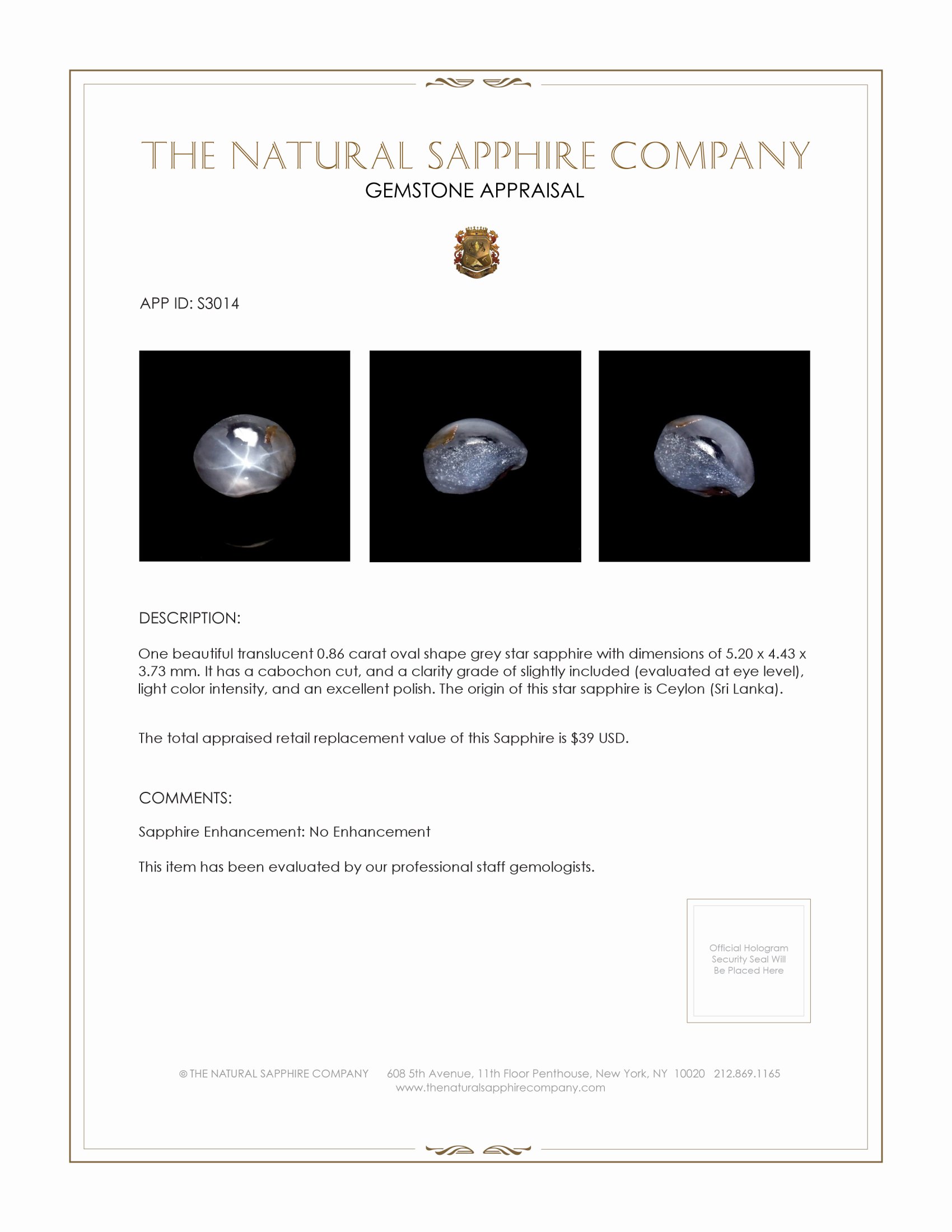 0.86 Ct. Grey Star Sapphire from Ceylon (Sri Lanka)