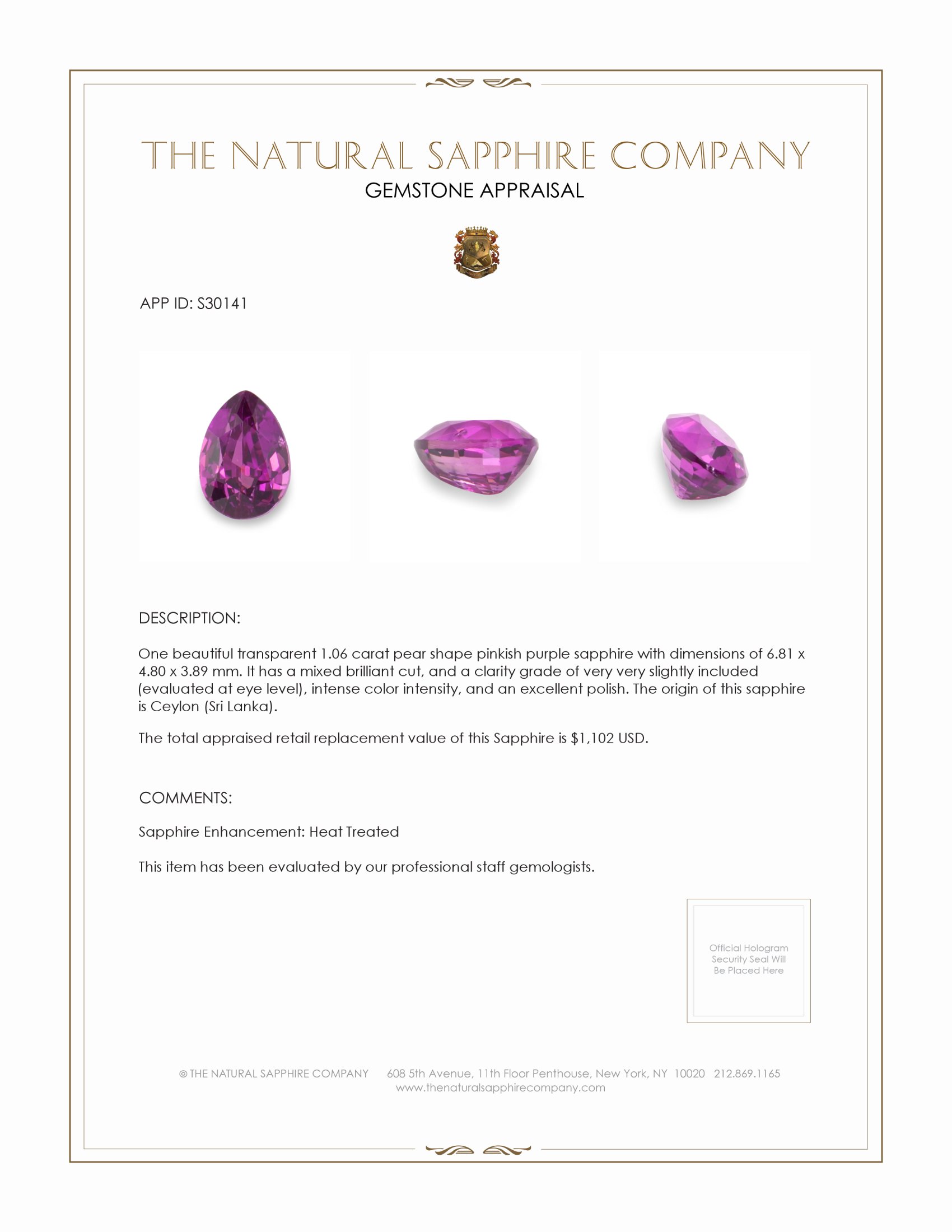 1.06 Ct. Pinkish Purple Sapphire from Ceylon (Sri Lanka)