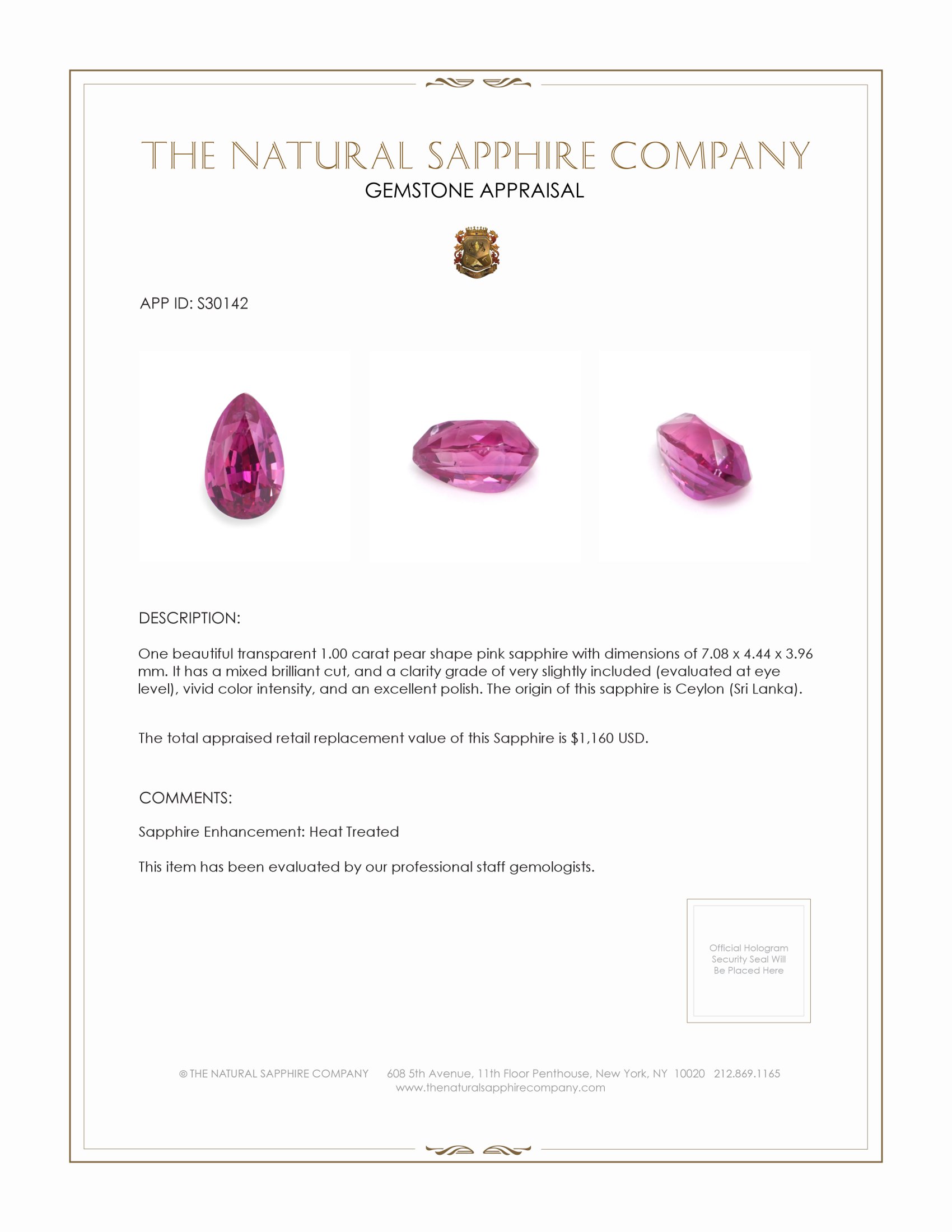 1.00 Ct. Pink Sapphire from Ceylon (Sri Lanka)