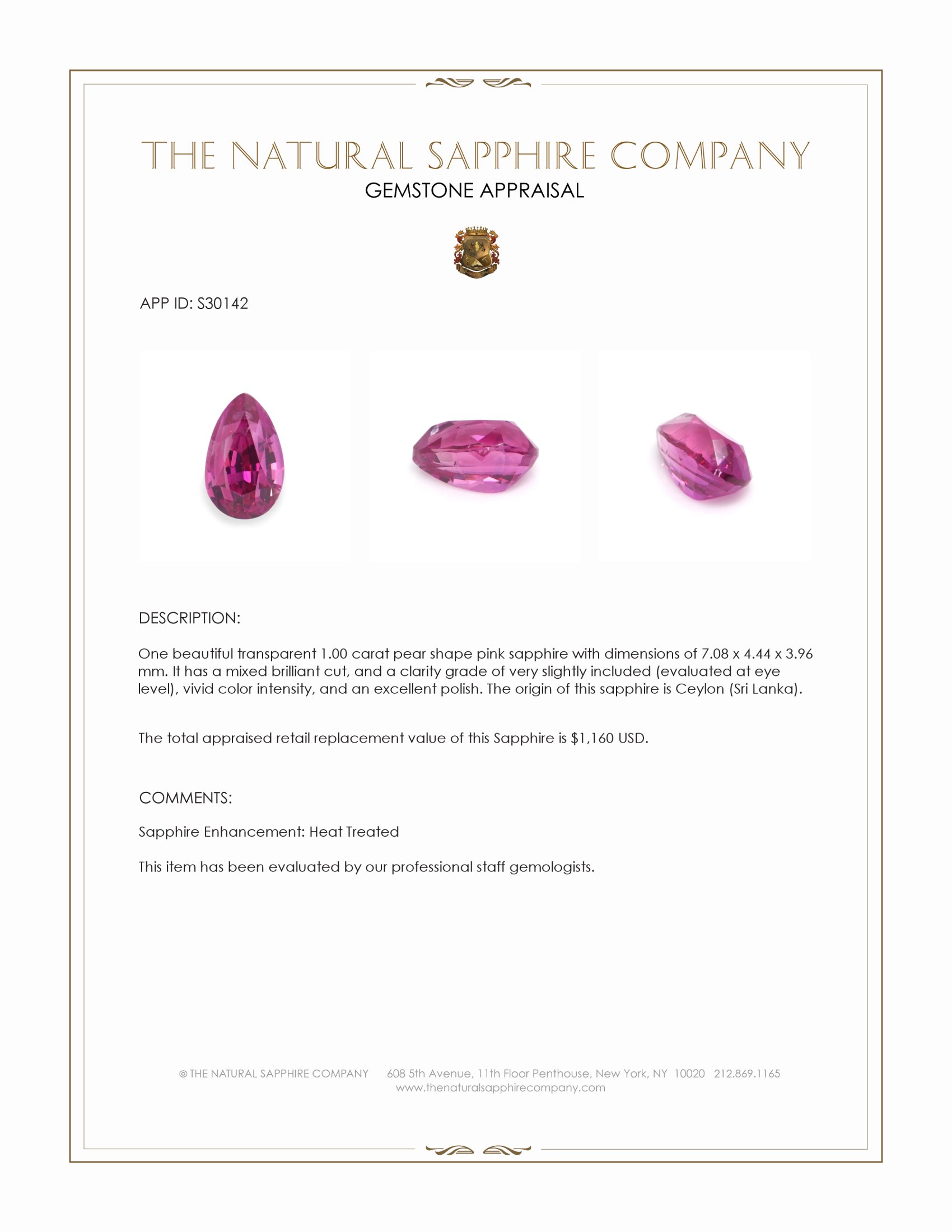 1.00 Ct. Pink Sapphire from Ceylon (Sri Lanka)