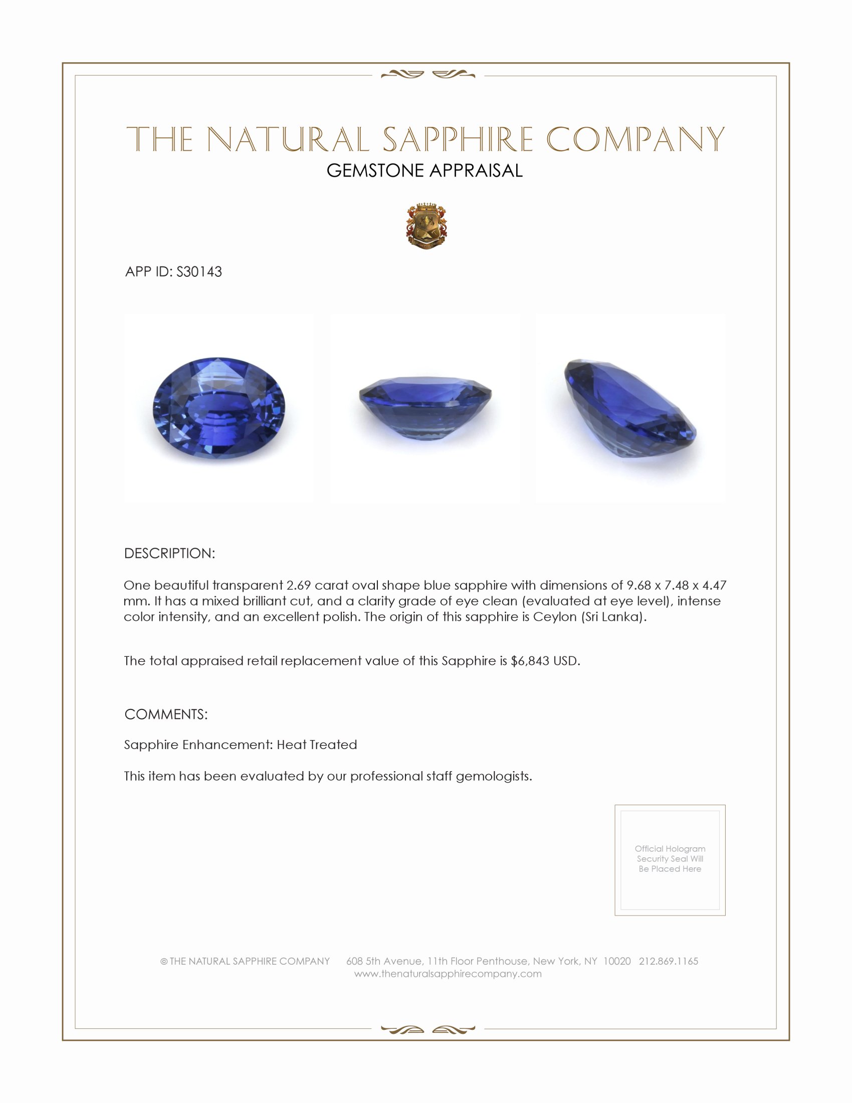 2.69 Ct. Blue Sapphire from Ceylon (Sri Lanka)