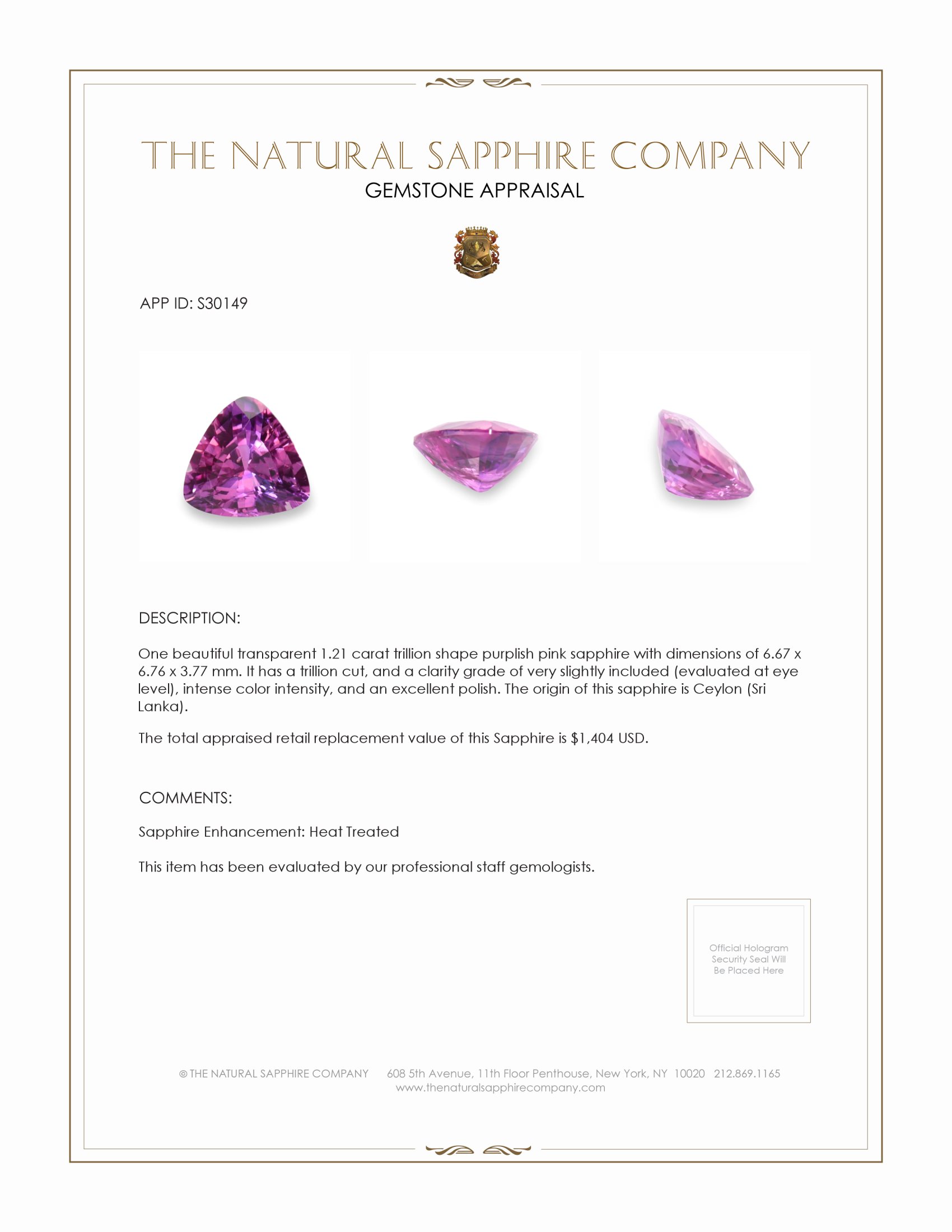 1.21 Ct. Purplish Pink Sapphire from Ceylon (Sri Lanka)