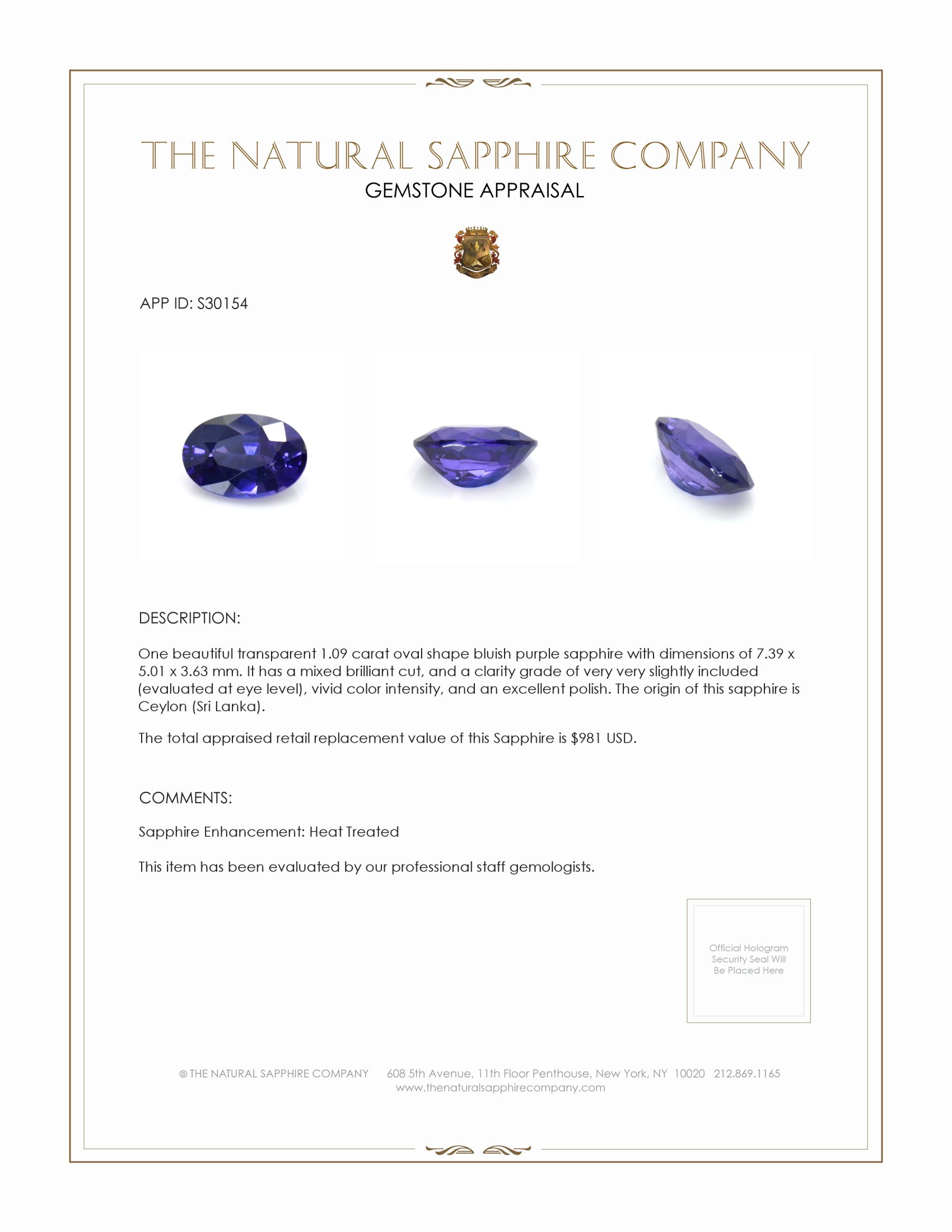 1.09 Ct. Bluish Purple Sapphire from Ceylon (Sri Lanka)