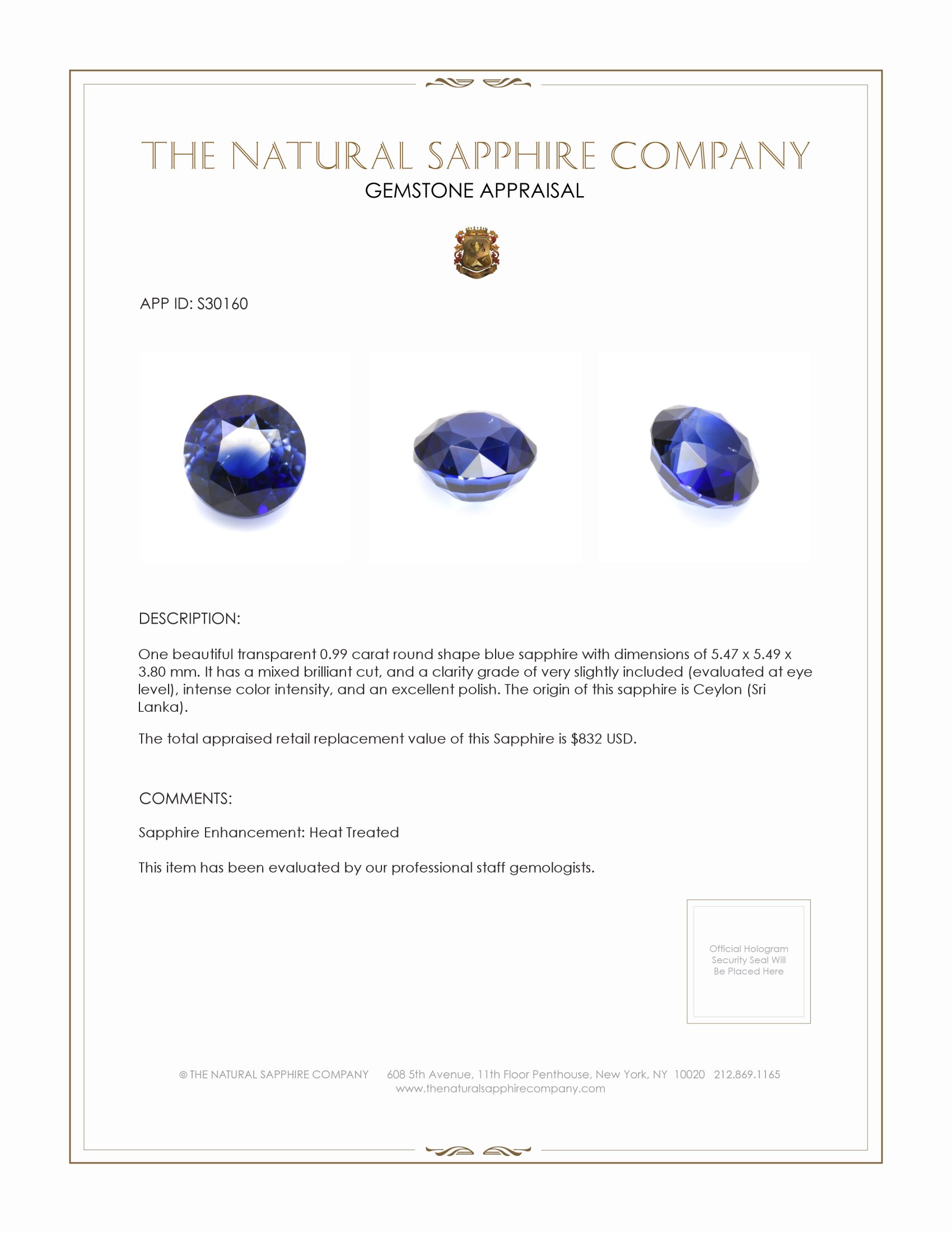 0.99 Ct. Blue Sapphire from Ceylon (Sri Lanka)