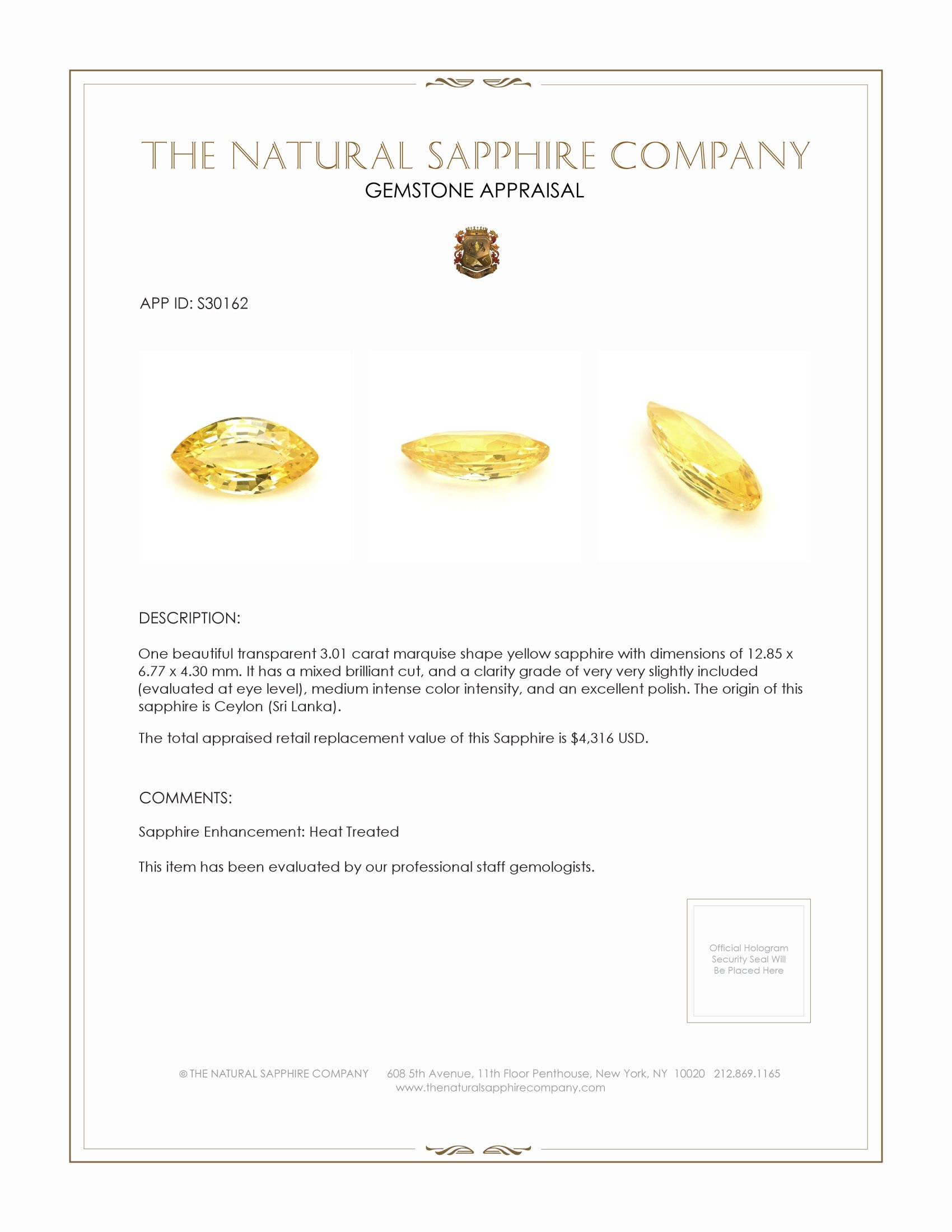 3.01 Ct. Yellow Sapphire from Ceylon (Sri Lanka)