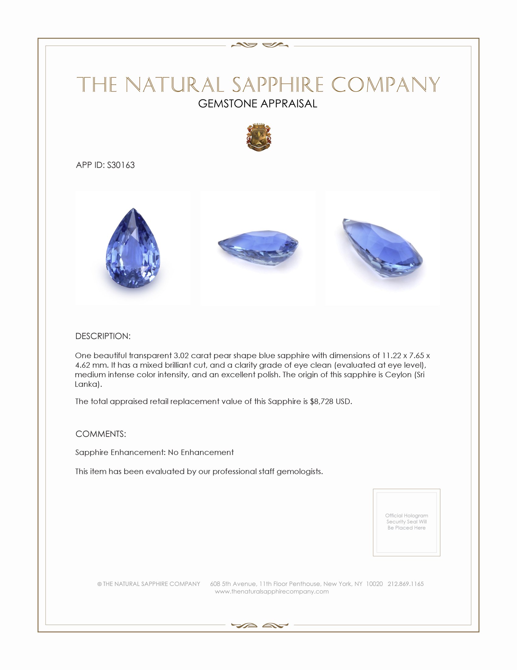 3.02 Ct. Blue Sapphire from Ceylon (Sri Lanka)