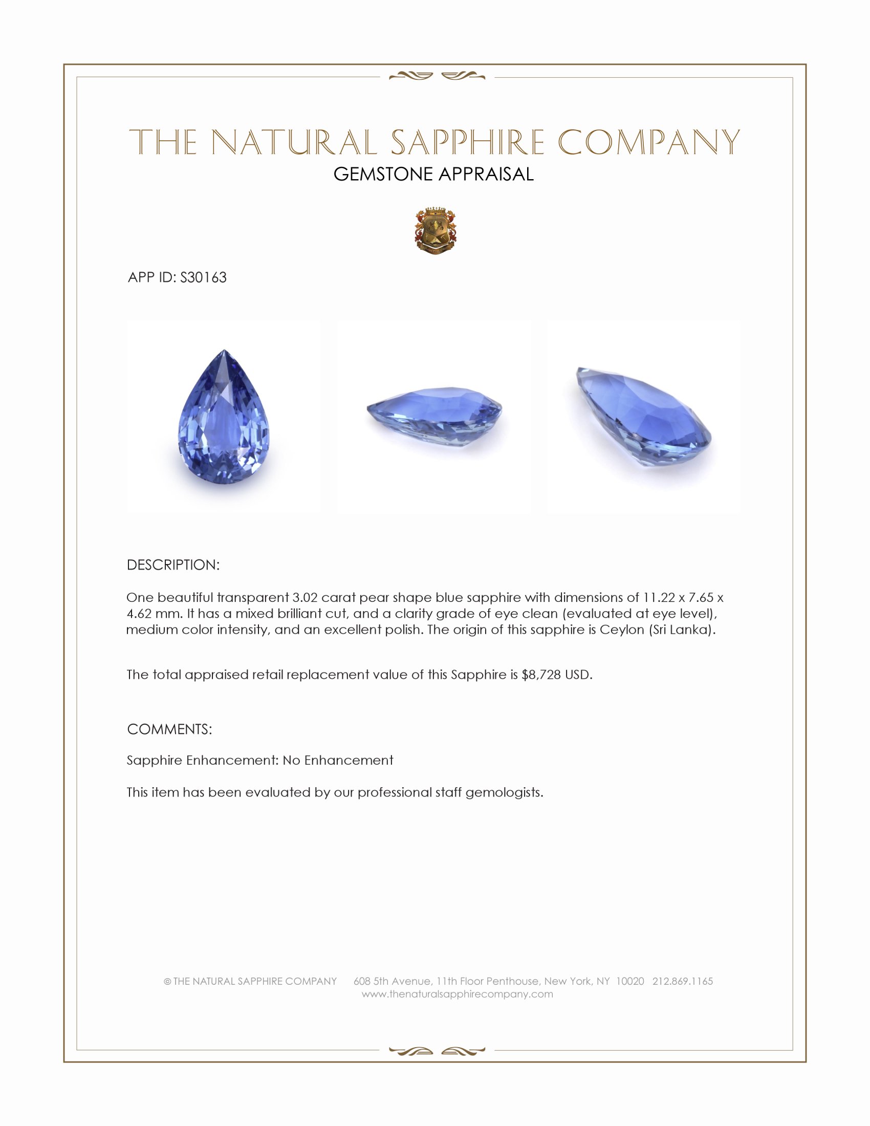 3.02 Ct. Blue Sapphire from Ceylon (Sri Lanka)