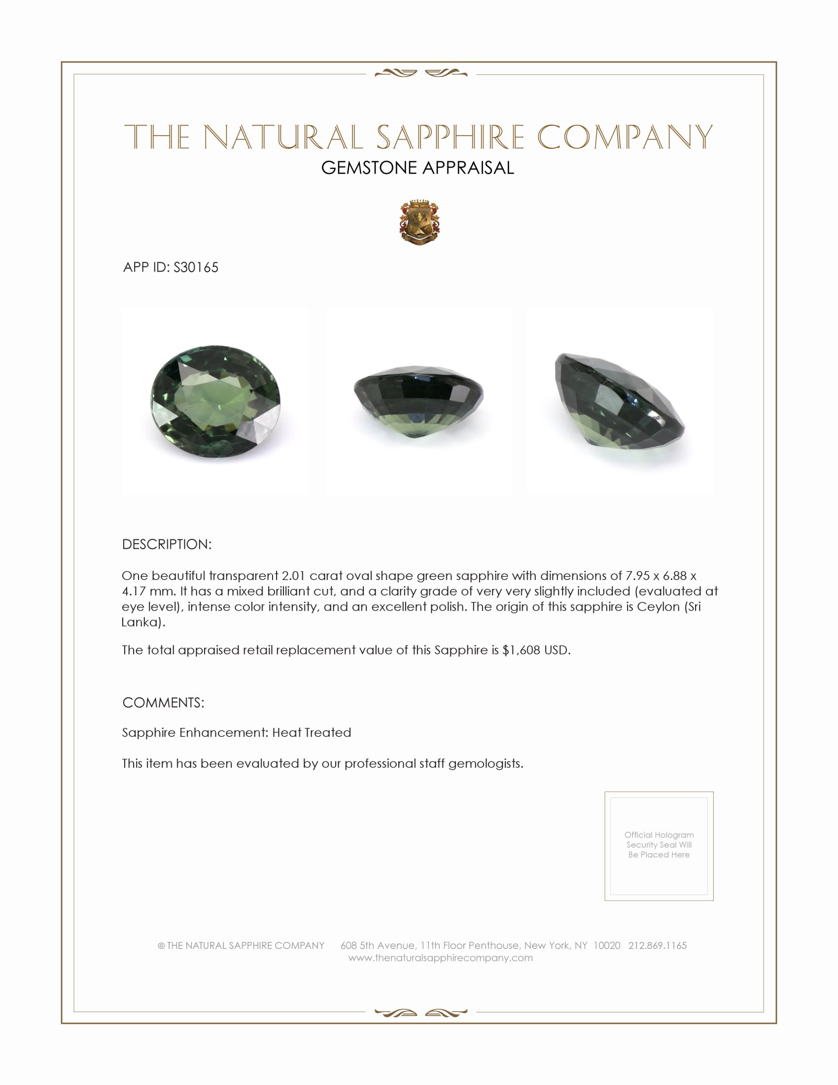 2.01 Ct. Green Sapphire from Ceylon (Sri Lanka)