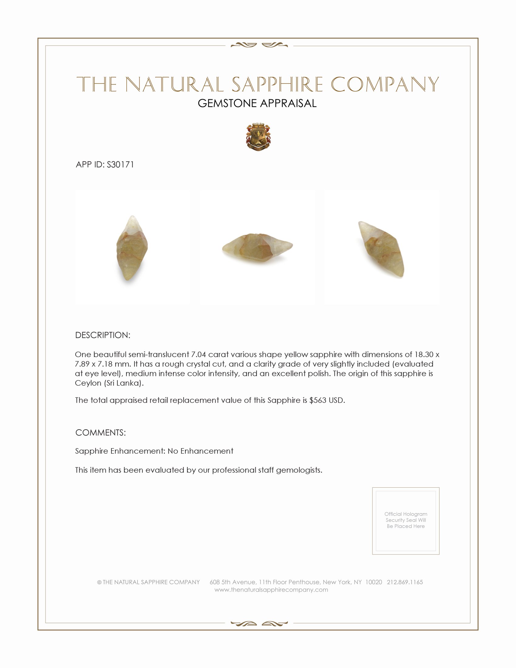 7.04 Ct. Yellow Sapphire Crystal from Ceylon (Sri Lanka)