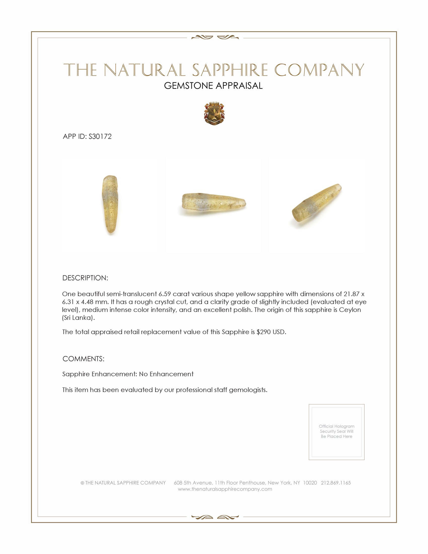 6.59 Ct. Yellow Rough Sapphire from Ceylon (Sri Lanka)