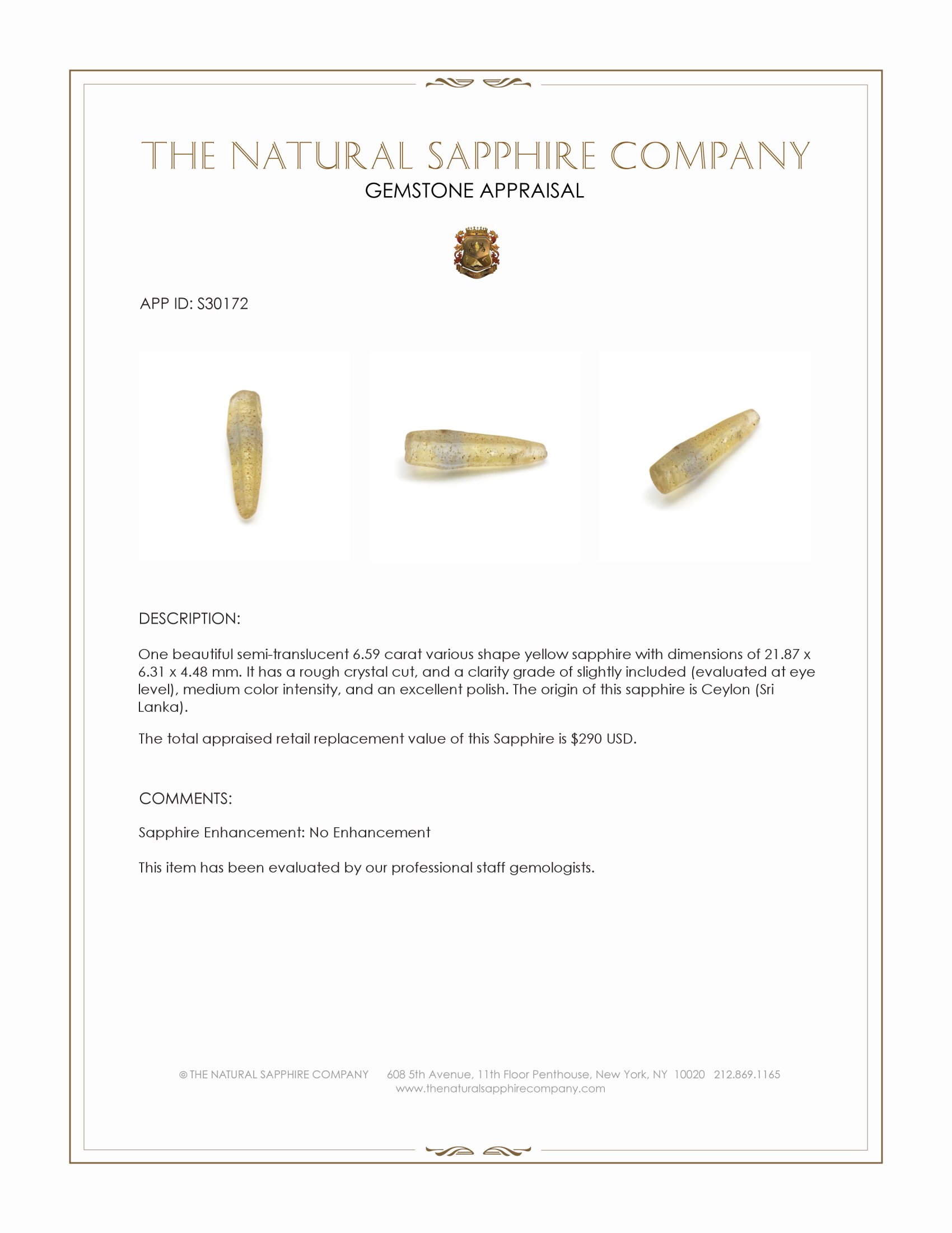 6.59 Ct. Yellow Sapphire Crystal from Ceylon (Sri Lanka)