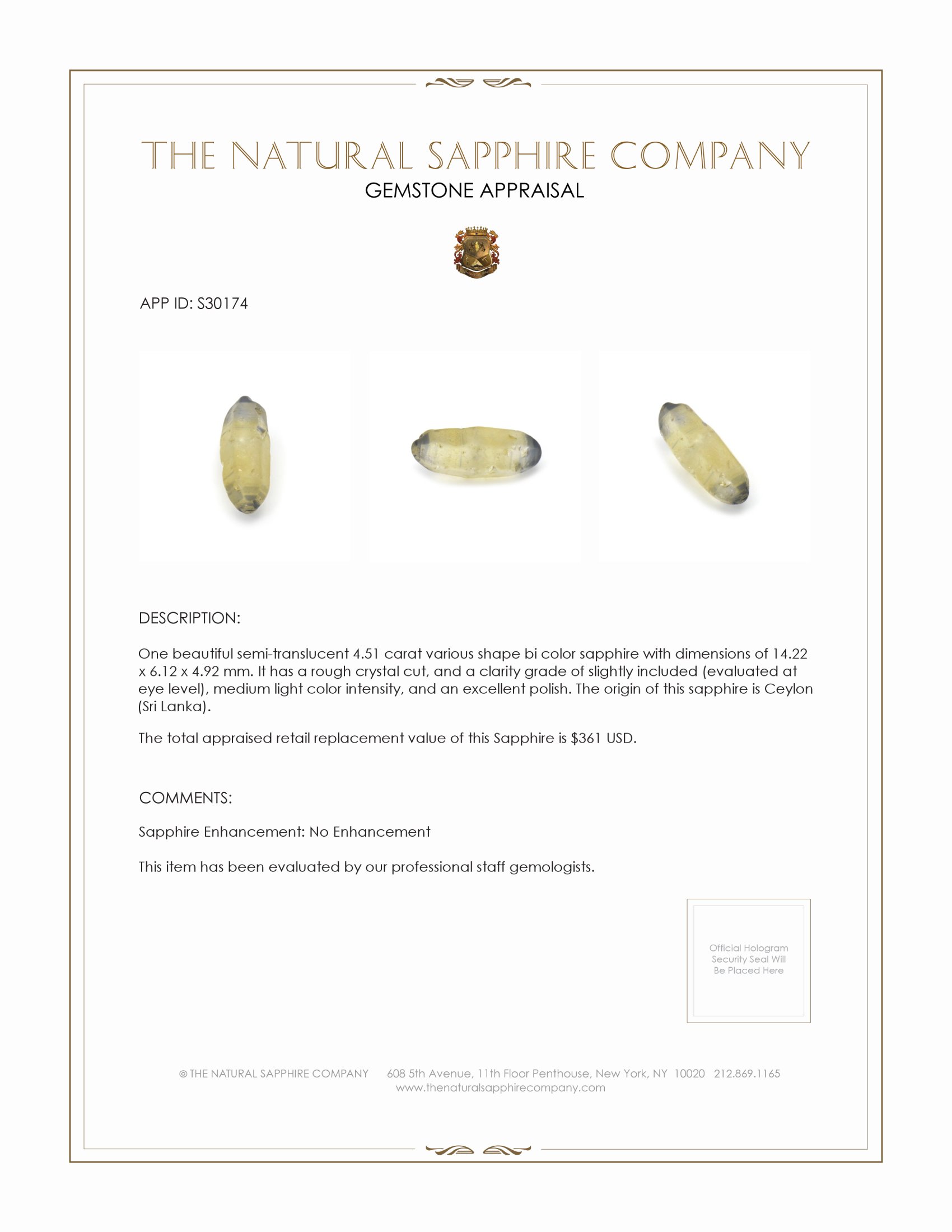 4.51 Ct. Bi Color Sapphire Crystal from Ceylon (Sri Lanka)