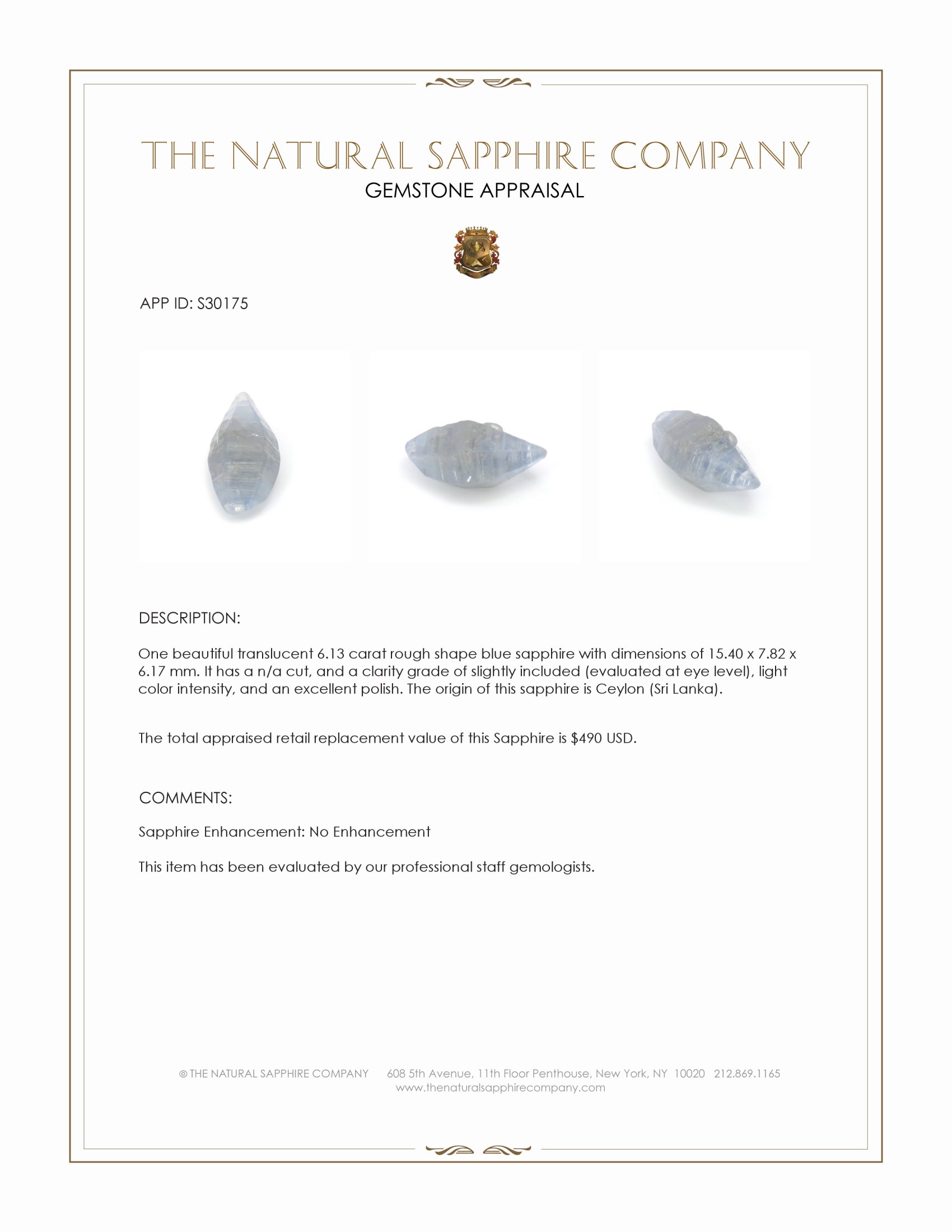 6.13 Ct. Blue Rough Sapphire from Ceylon (Sri Lanka)