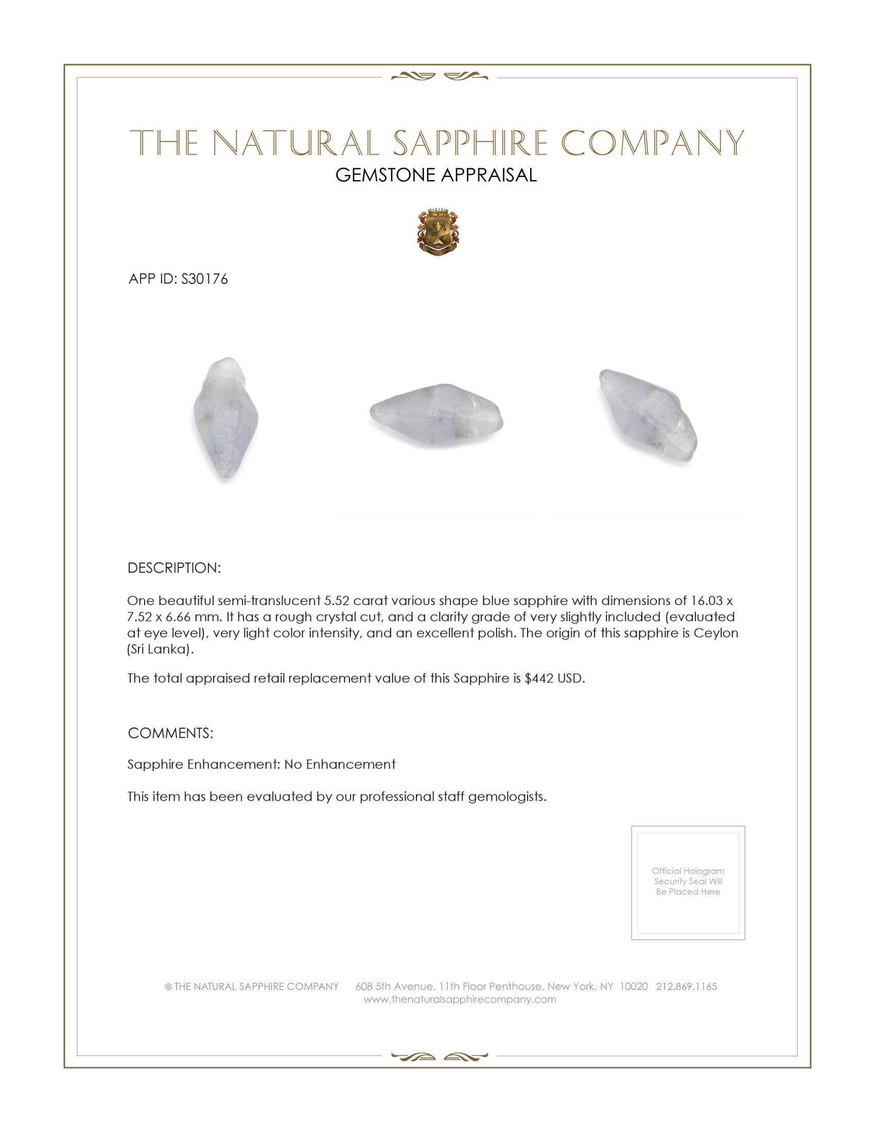 5.52 Ct. Blue Rough Sapphire from Ceylon (Sri Lanka)