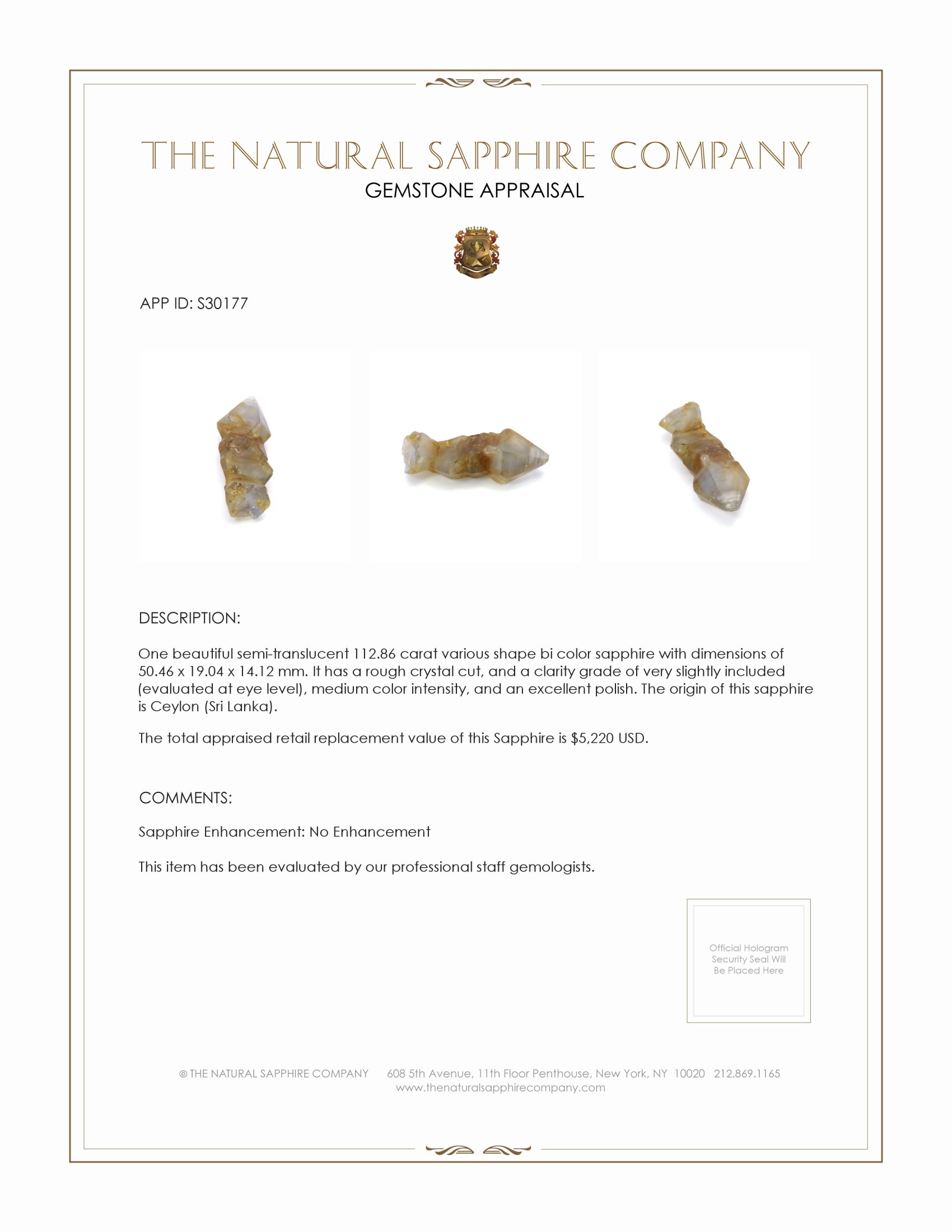 112.86 Ct. Bi Color Sapphire Crystal from Ceylon (Sri Lanka)