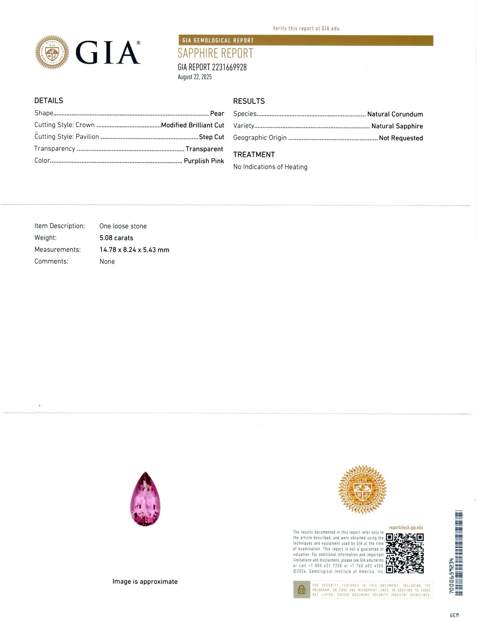 5.08 Ct. Purplish Pink Sapphire from Ceylon (Sri Lanka)