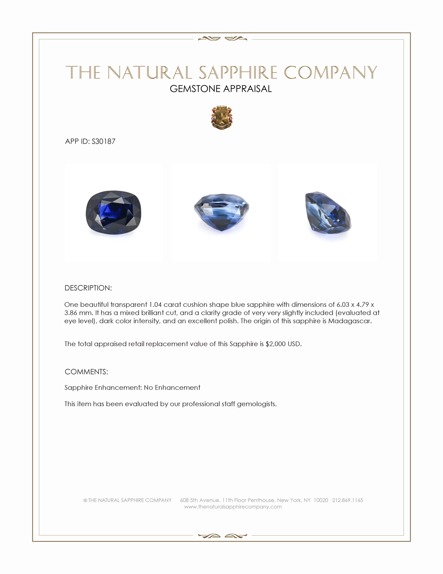 1.04 Ct. Blue Sapphire from Madagascar