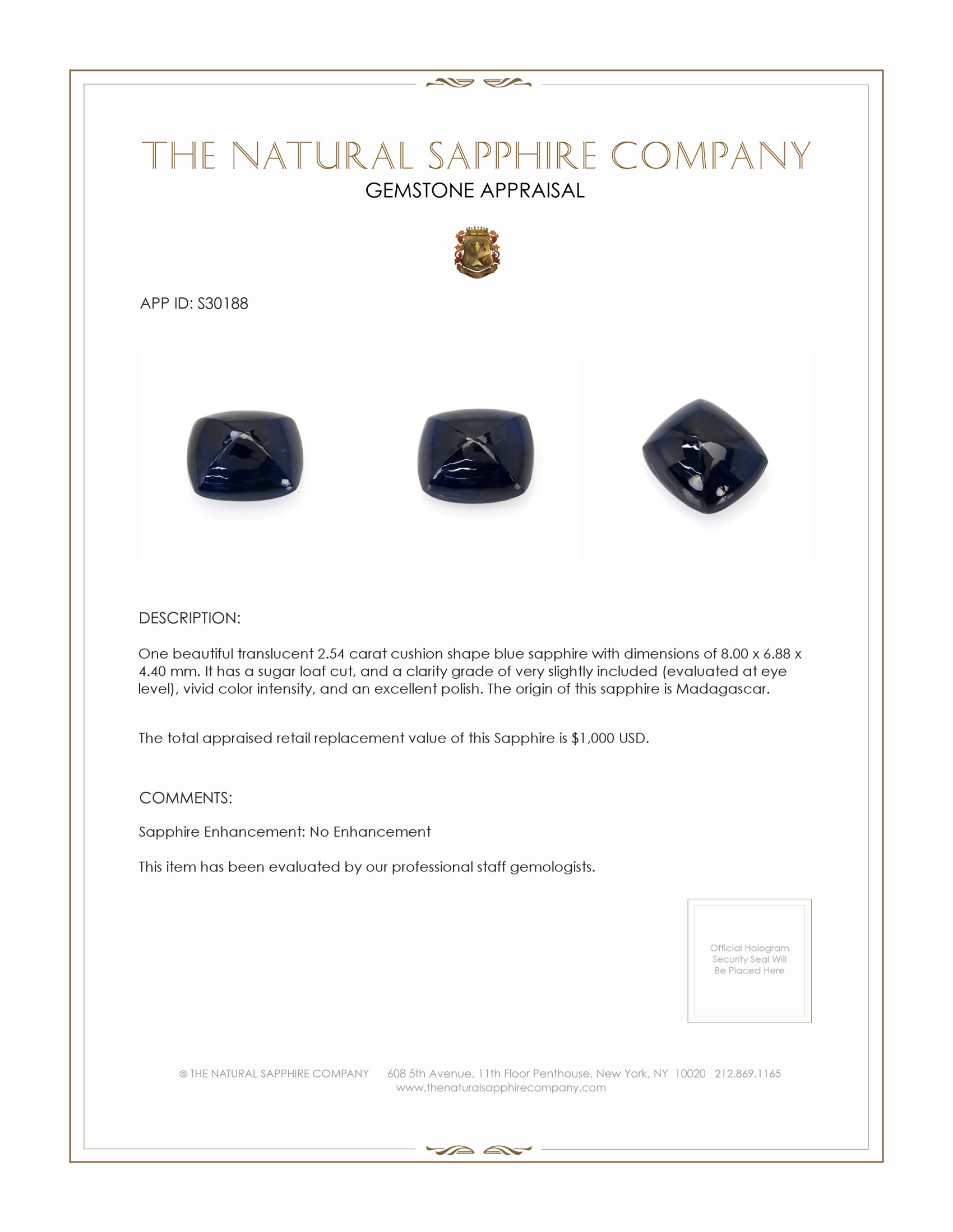 2.54 Ct. Blue Cabochon Sapphire from Madagascar