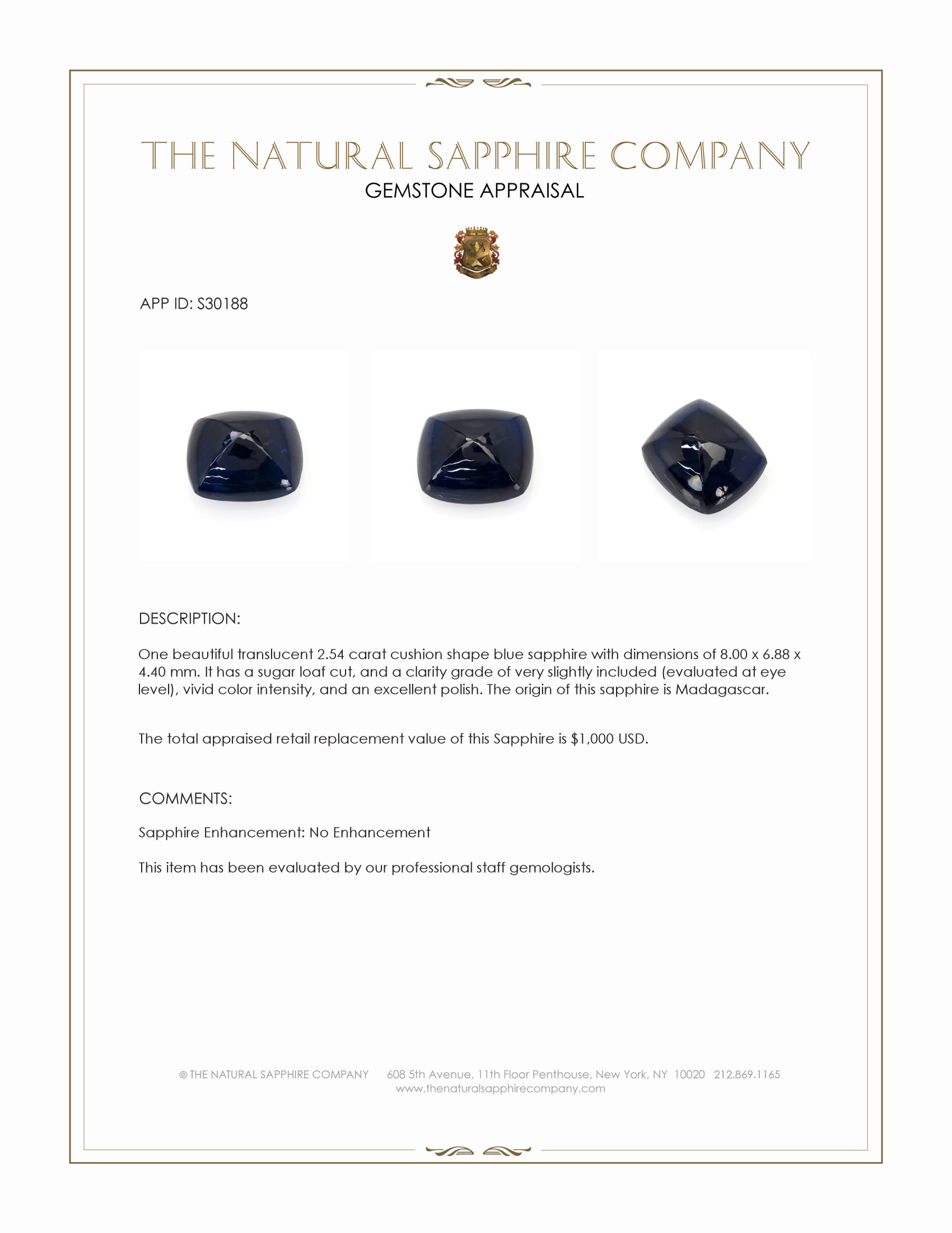 2.54 Ct. Blue Cabochon Sapphire from Madagascar