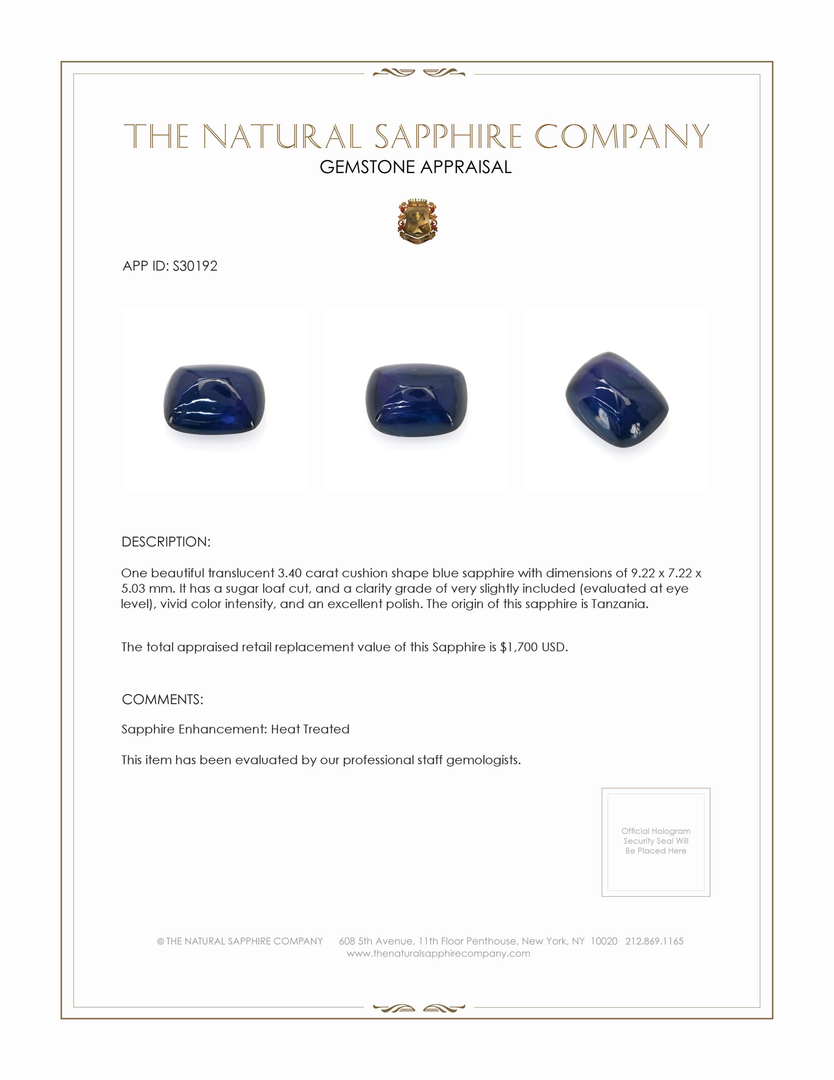 3.40 Ct. Blue Cabochon Sapphire from Tanzania