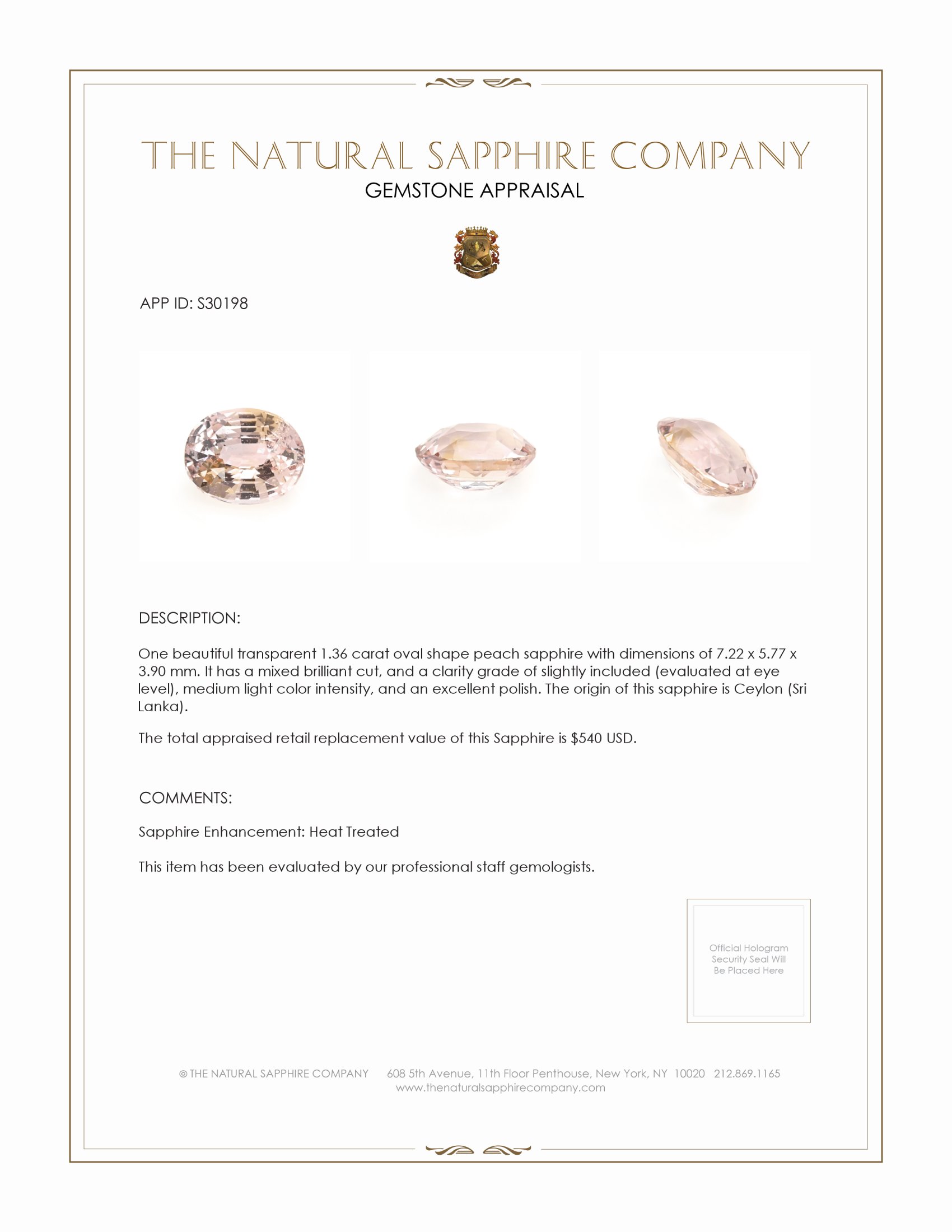1.36 Ct. Peach Sapphire from Ceylon (Sri Lanka)