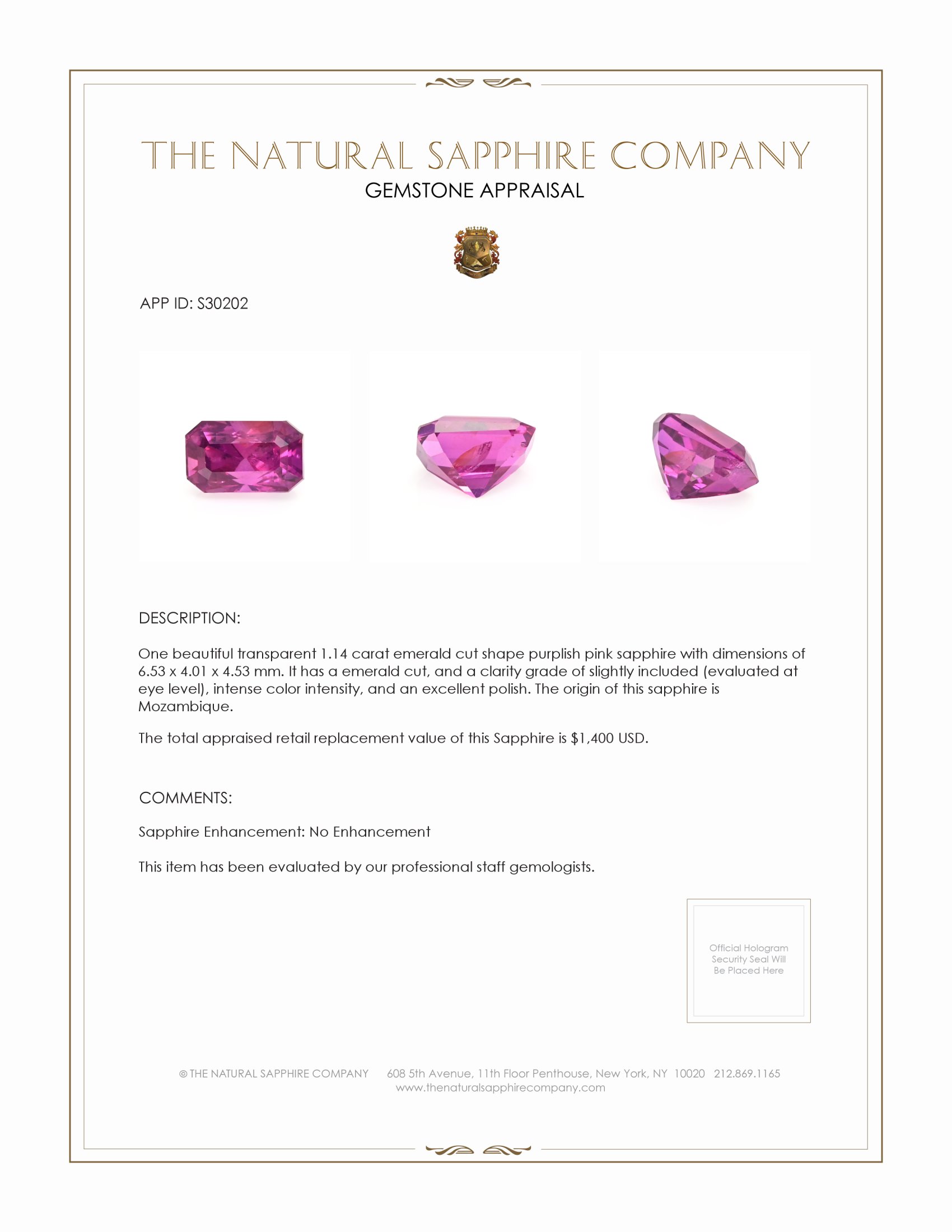 1.14 Ct. Purplish Pink Sapphire from Mozambique