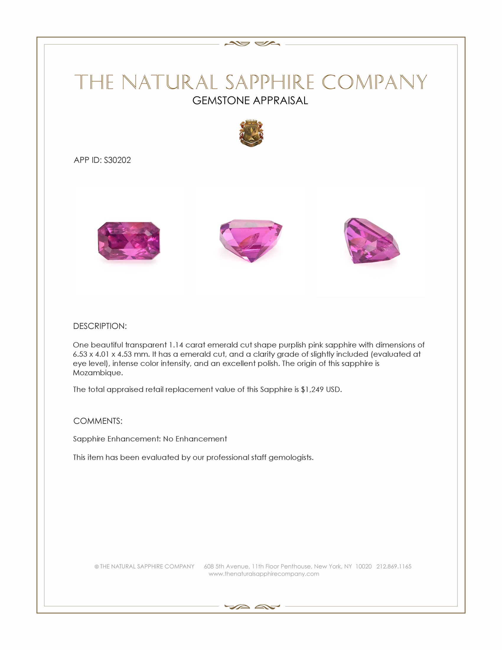 1.14 Ct. Purplish Pink Sapphire from Mozambique